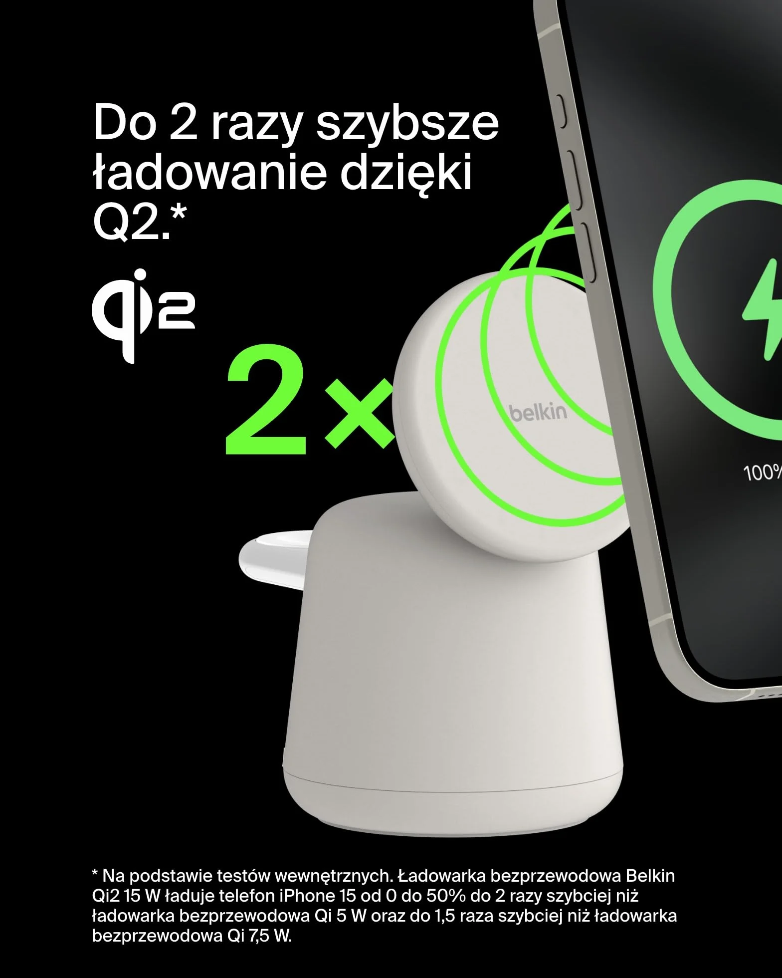 Belkin BoostCharge Pro bezprzewodowa stacja ładująca 2 w 1 z Qi2, 15 W, kompatybilna z MagSafe ładowarka do iPhone 17, Air, Pixelsnap, Apple Watch, AirPods, innych urządzeń Qi2, łącznie z zasilaczem