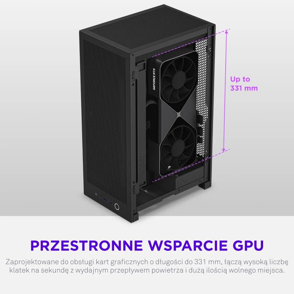 NZXT H2 Flow – obudowa PC Mini-ITX 20,7 l o wysokim przepływie powietrza – zawiera 2 wentylatory górne 120 mm i kabel riser PCIe 5.0 – karta graficzna 331 mm – radiator 280 mm – Czarny