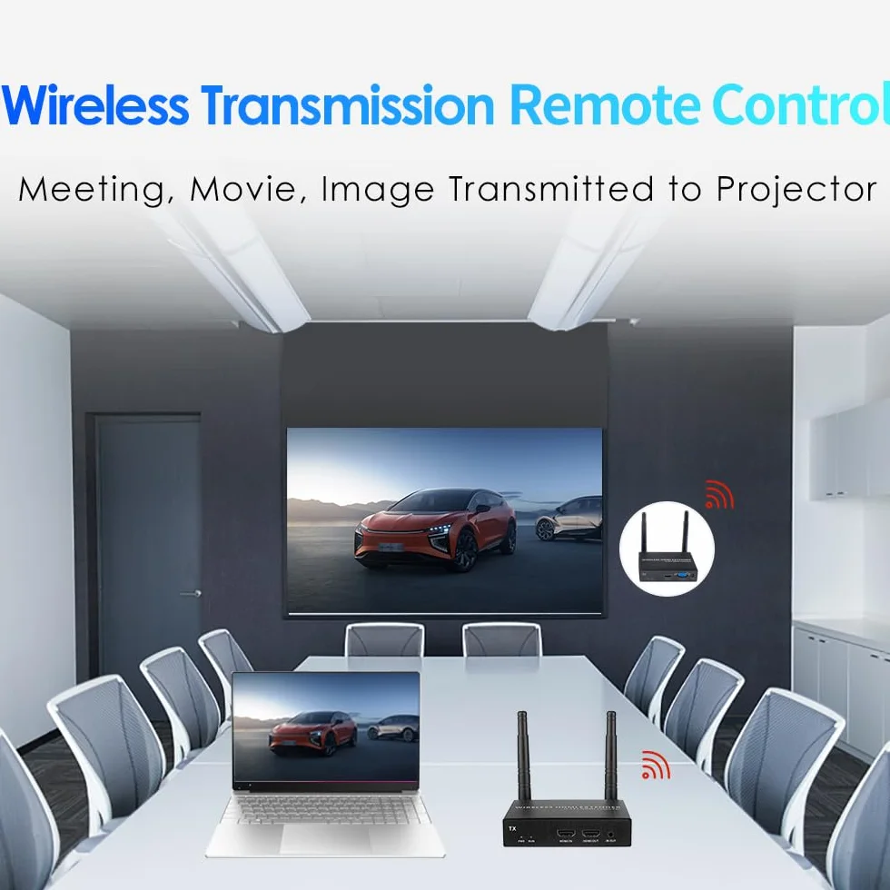 EXVIST Nadajnik Wireless HDMI z 2 odbiornikami i wyjściem VGA, 1080P@60FPS, H.265, duży zasięg do 656 stóp, obsługa podczerwieni, przesyłanie strumieniowe z laptopa, PS4, telewizora HDTV lub projektor
