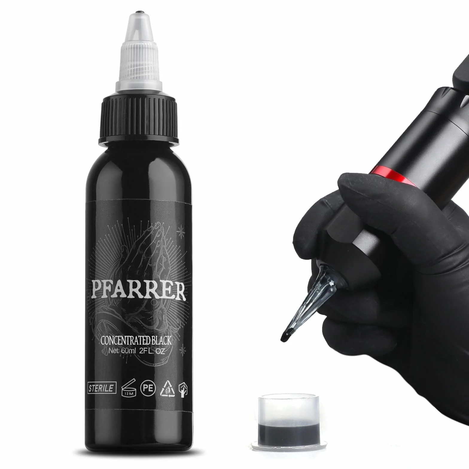 PFARRER Czarny tusz do tatuażu 60ml (2oz) Przyjazny dla wegan, standard USA, koncentrat tuszu do tatuażu TI7003-60-002