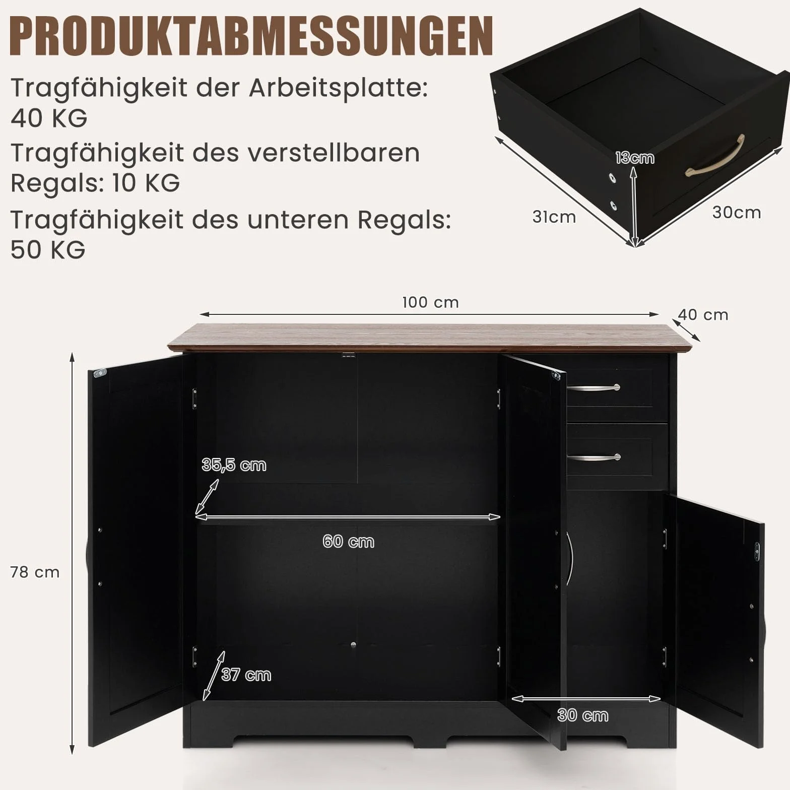 COSTWAY Kredens szafka kuchenna z blatem roboczym 100 x 40 cm czarna