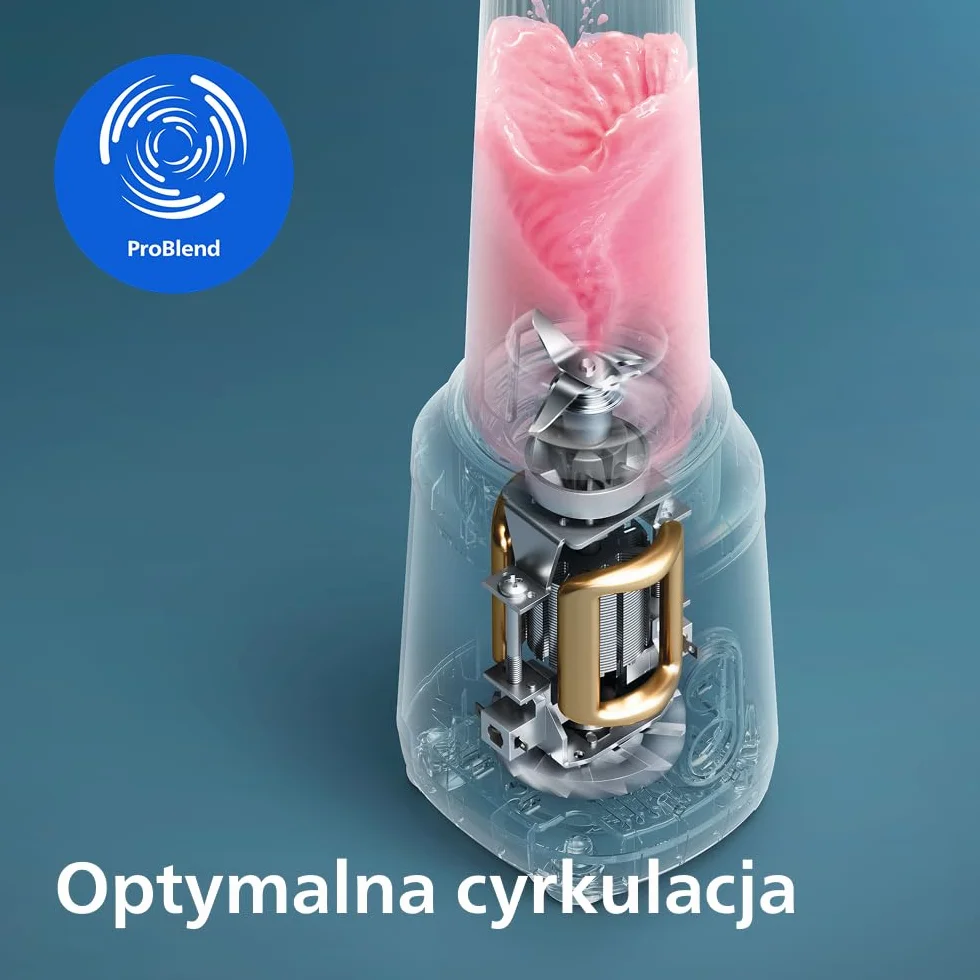 Philips Blend & Go Seria 3000 Mini Blender do Smoothie 350W 0,6L 4-ramienne Odłączane Ostrza 2 Prędkości ProBlend Srebrny