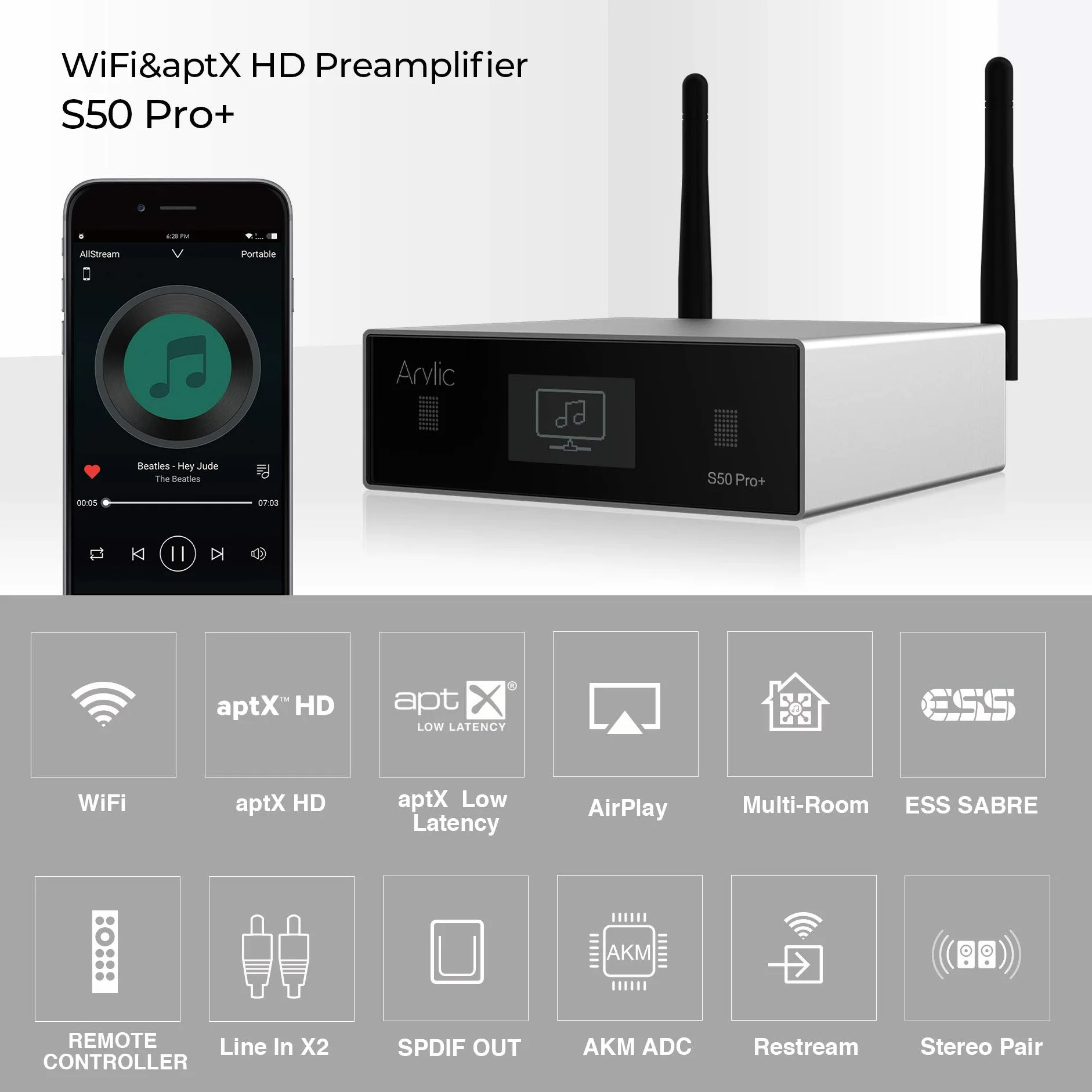 Arylic Odbiornik audio WiFi i Bluetooth 5.0, aptX HD z ESS Sabre Dac AKM ADC Multiroom/Multizone, bezprzewodowy, WiFi z Airplay, Spotify, Internet Radio-Up2stream S50 Pro+