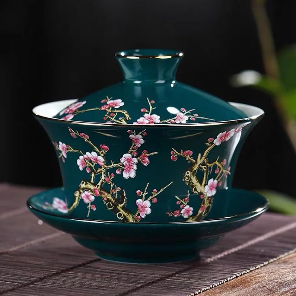Porcelanowy gajwan YBK Tech 295 ml do herbaty kung fu z pokrywką i spodkiem, tradycyjny chiński, wzory śliwkowe (zielony)