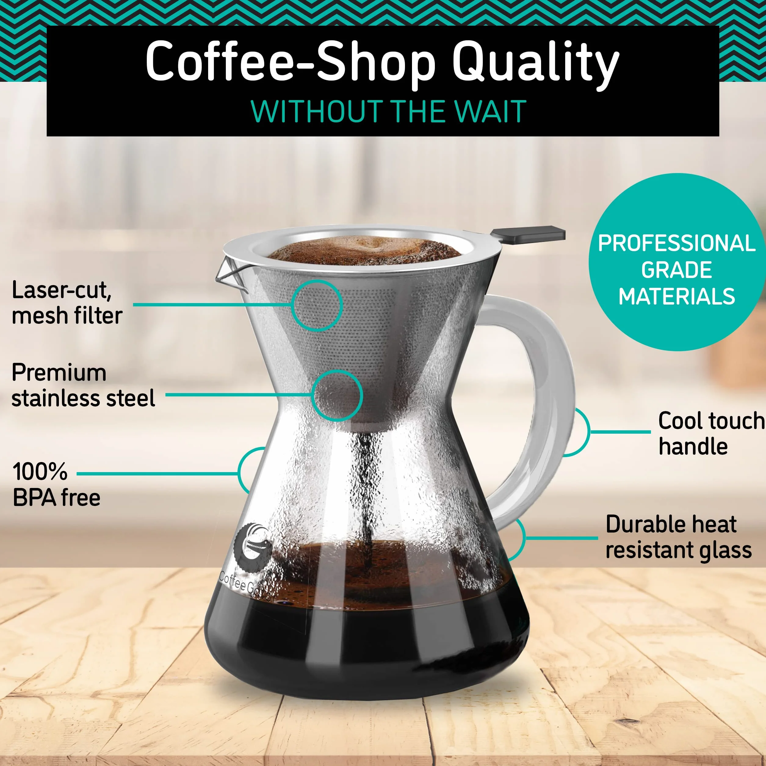 Coffee Gator Ekspres do kawy – szkło borokrzemowe o wysokiej temperaturze 400 ml z filtrem ze stali nierdzewnej wielokrotnego użytku, kapiący zaparzacz do kawy, karafka, 400 ml, przezroczysty