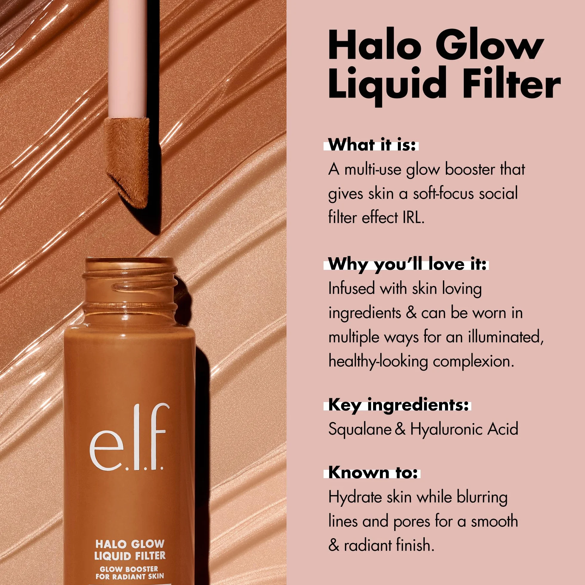 e.l.f. Cosmetics Halo Glow Liquid Filter, rozświetlający płyn do promiennej cery, zaparzany kwasem hialuronowym, jasnobrązowy - głęboki