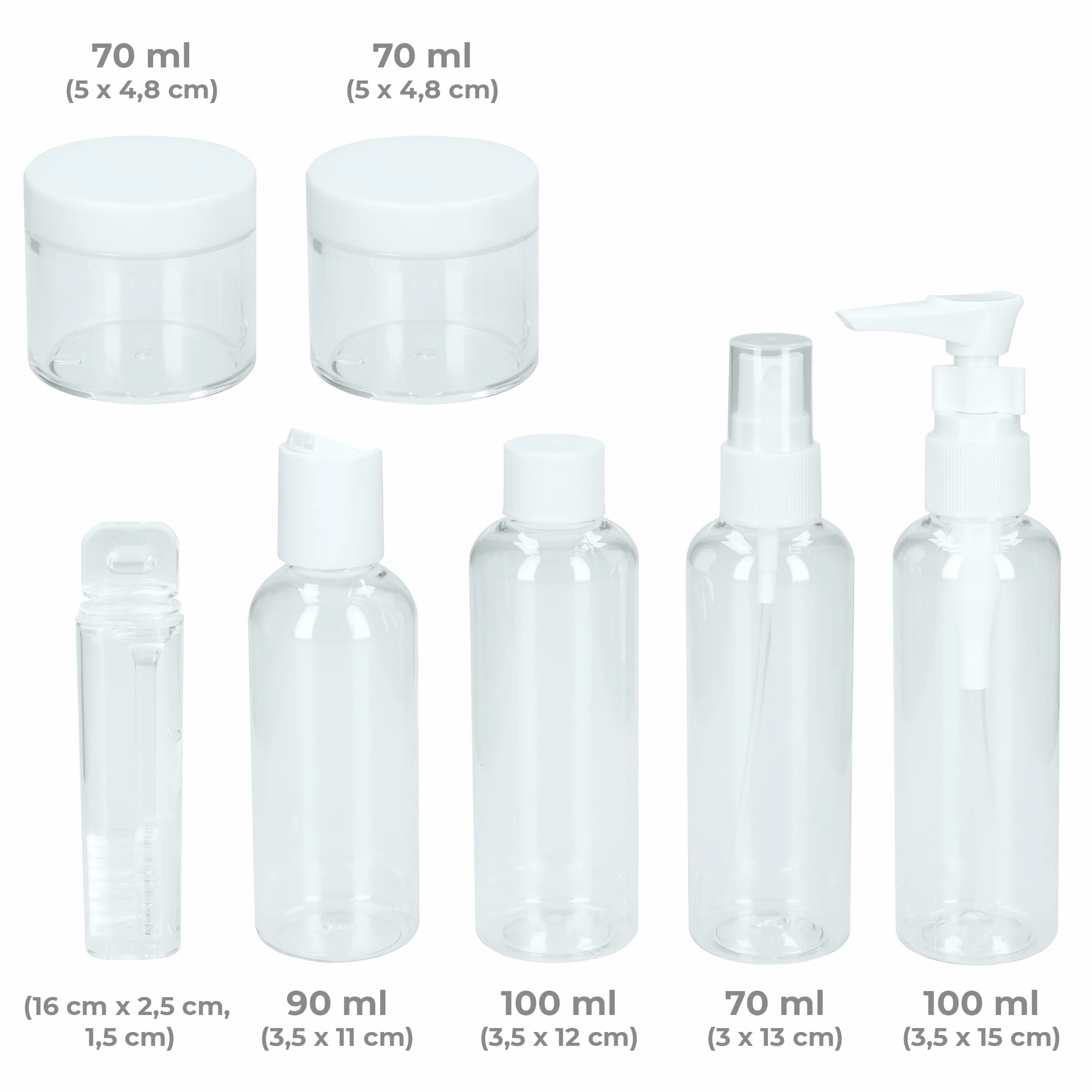 Sillar – Zestaw 7 Butelek Podróżnych na Kosmetyki (Max. 100 ml) | Składana Szczoteczka do Zębów, Przezroczysta Kosmetyczka – Idealne do Bagażu Podręcznego