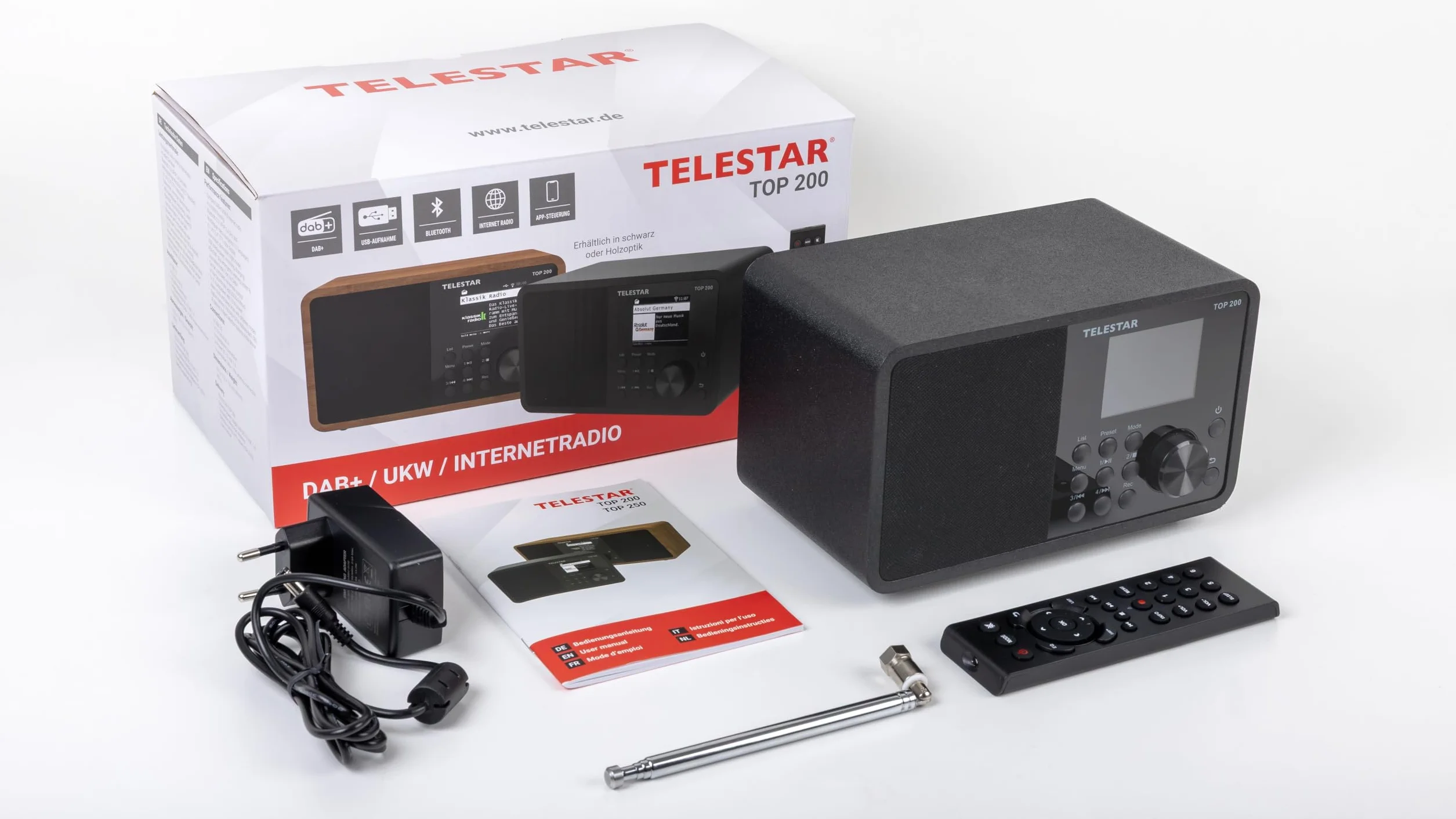 TELESTAR TOP 200 – DAB+/radio internetowe (mono, 10 W, funkcja nadawania/odbioru Bluetooth, nagrywanie USB, system alarmowy, sterowanie aplikacją) – czarne