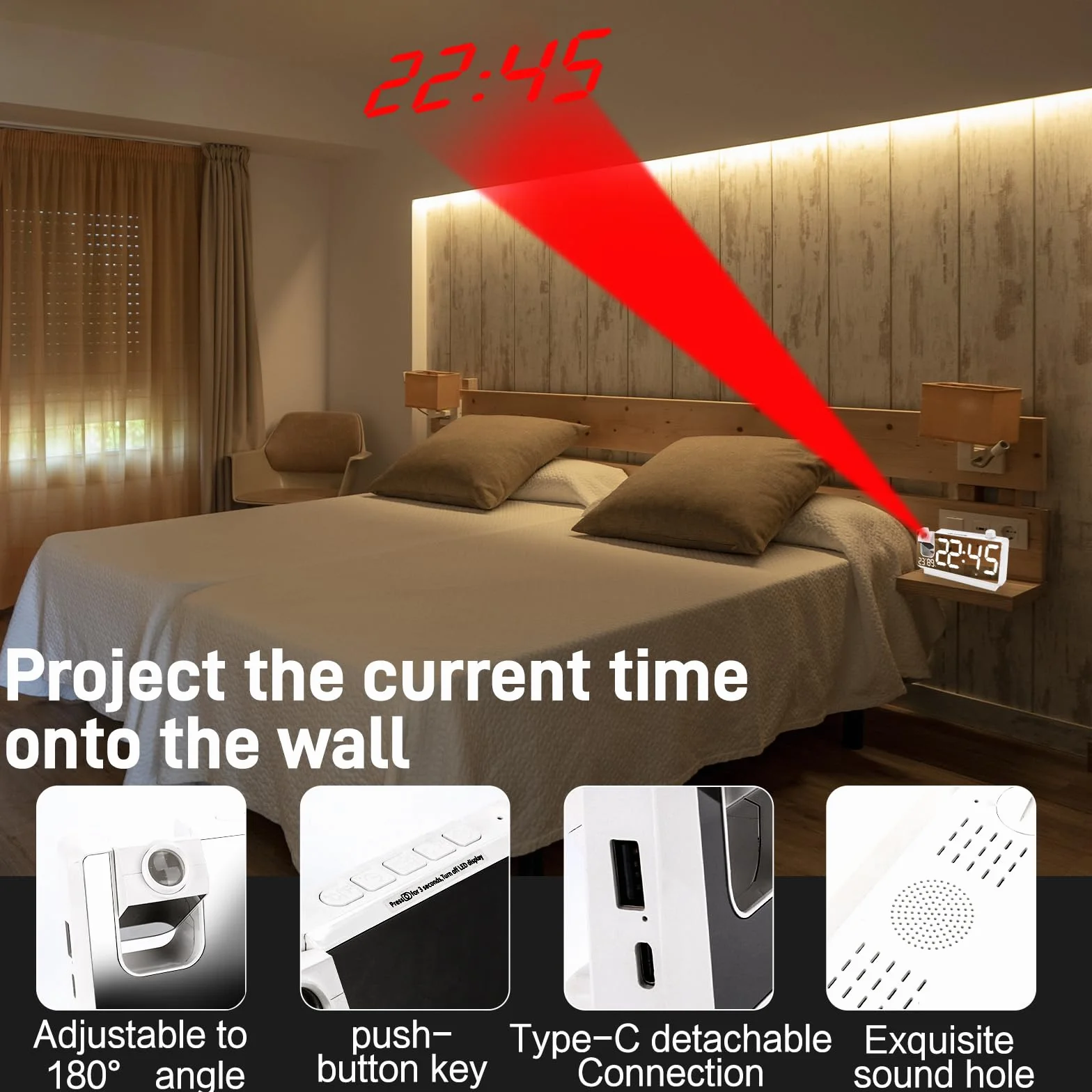 Budzik Cyfrowy z Projekcją LED 3 Poziomy Jasności USB 180° Temperatura Wilgotność 12/24H Biały