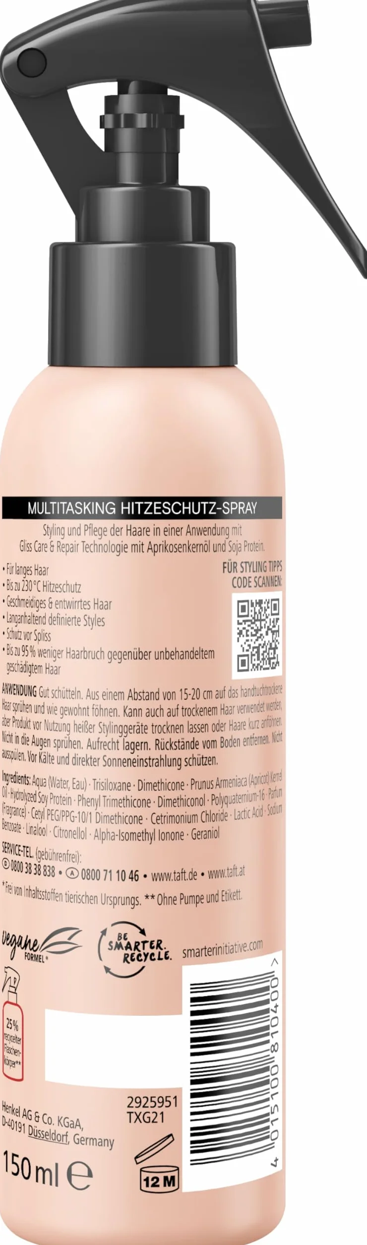 Taft x Gliss Lovely Long spray chroniący przed wysoką temperaturą (150 ml), wielozadaniowy spray zapewnia ochronę przed wysoką temperaturą do 230°, ochronę przed rozdwajaniem się końcówek i długo