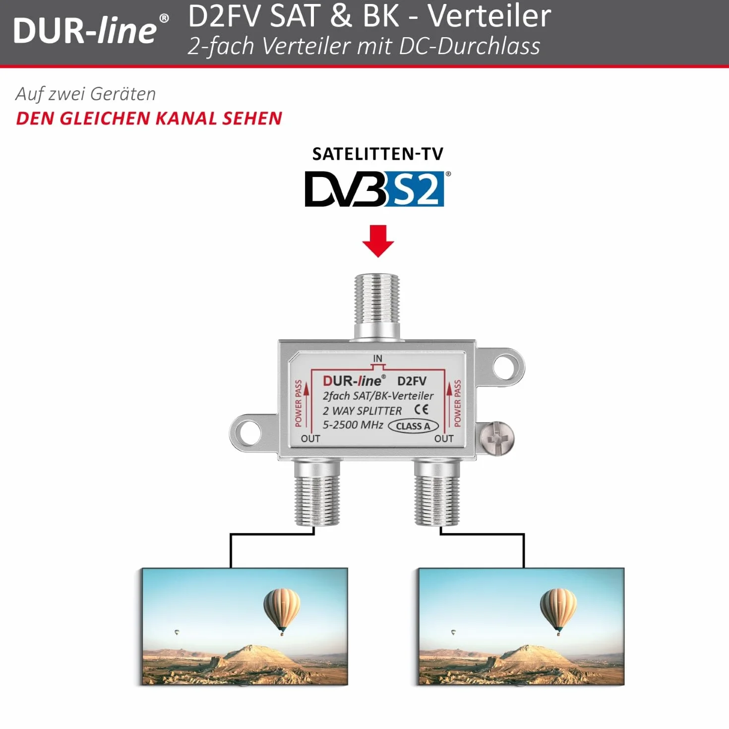 DUR-Line D2FV Rozdzielacz Sat/Bk 2-Drożny Splitter W Pełni Ekranowany Kompatybilny Z Unicable i HD Do Instalacji Satelitarnych Radio Telewizji
