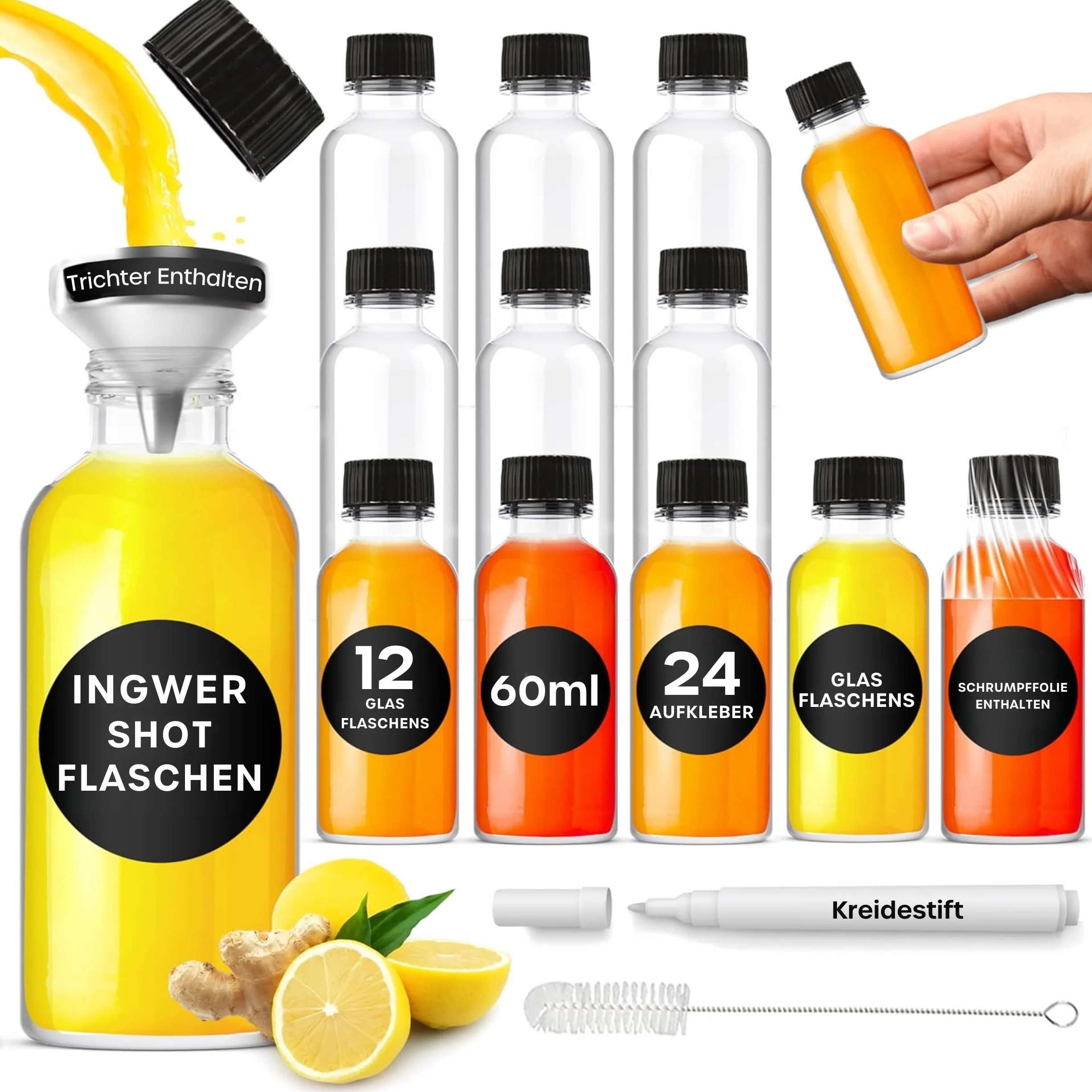 Volila Butelki Szklane 60 ml 12 Sztuk z Pokrywkami Wielokrotnego Użytku do Soków