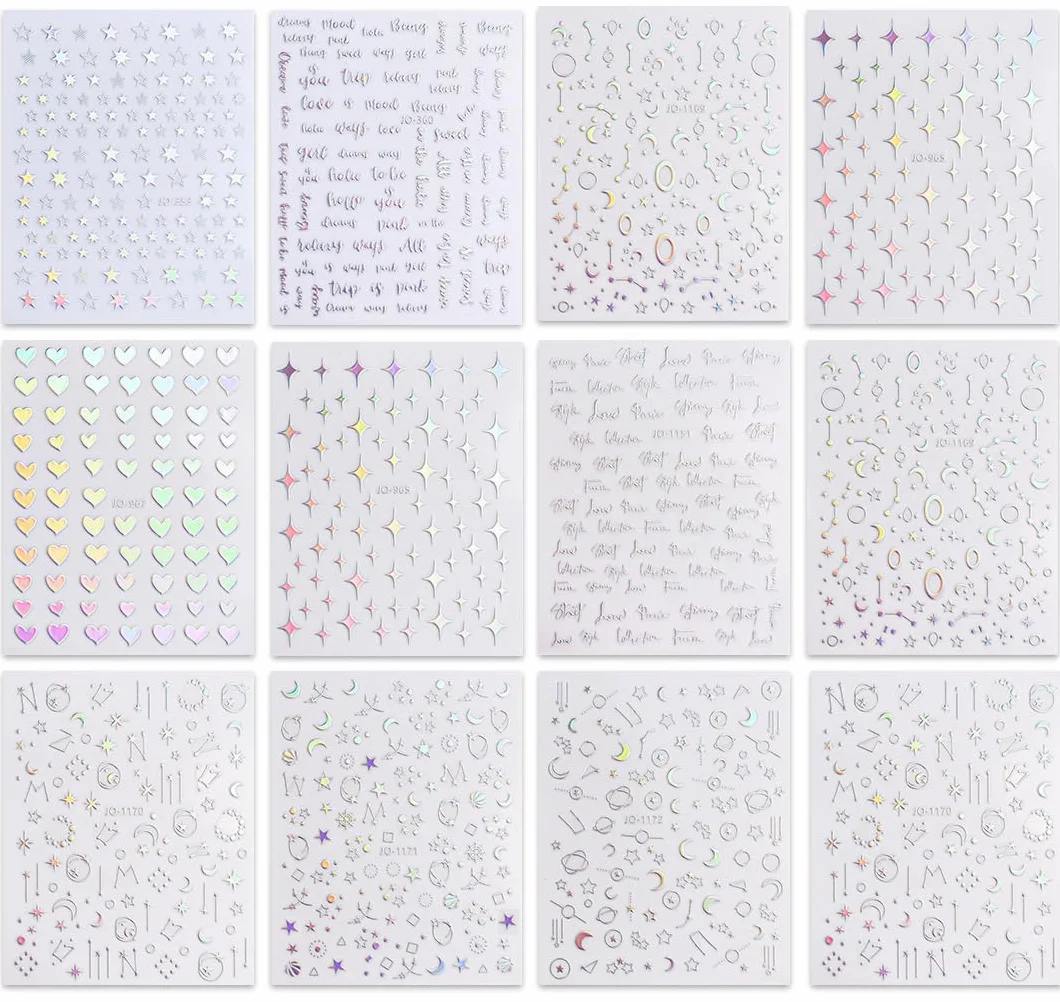 JMEOWIO Aurora Holograficzna gwiazda serce naklejka na paznokcie 12 arkuszy naklejki na paznokcie samoprzylepne dekoracje do paznokci