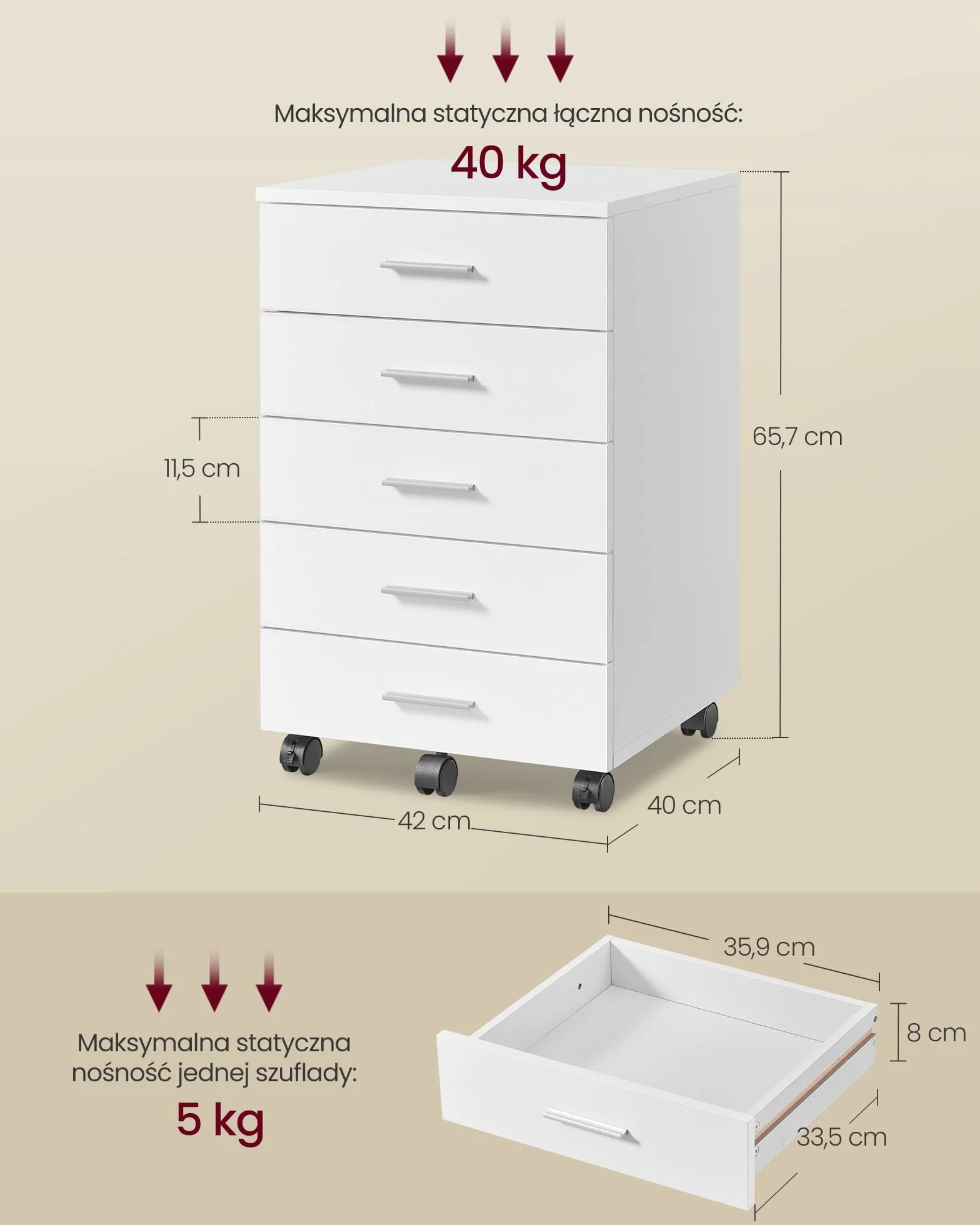 VASAGLE Szafka na dokumenty, mobilna szafka na dokumenty, stojak na drukarkę z 5 szufladami, z szynami ślizgowymi bez śrub, do biura, biura domowego, Cloud White OFC081W01