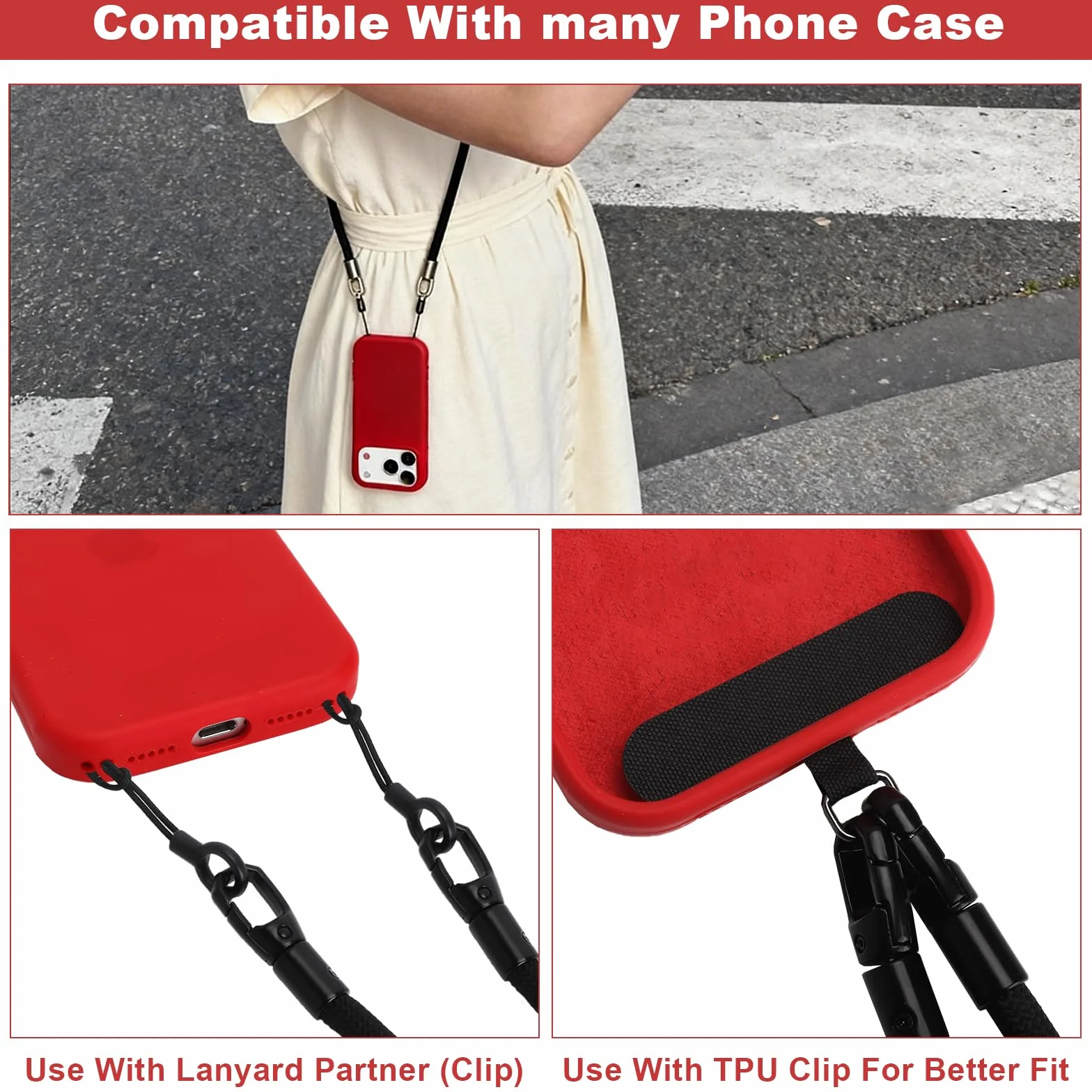Smycz do telefonu crossbody czarna regulowany pasek do telefonu z adapterem i 2 sposobami noszenia do smartfona podróży codziennego użytku spacerów