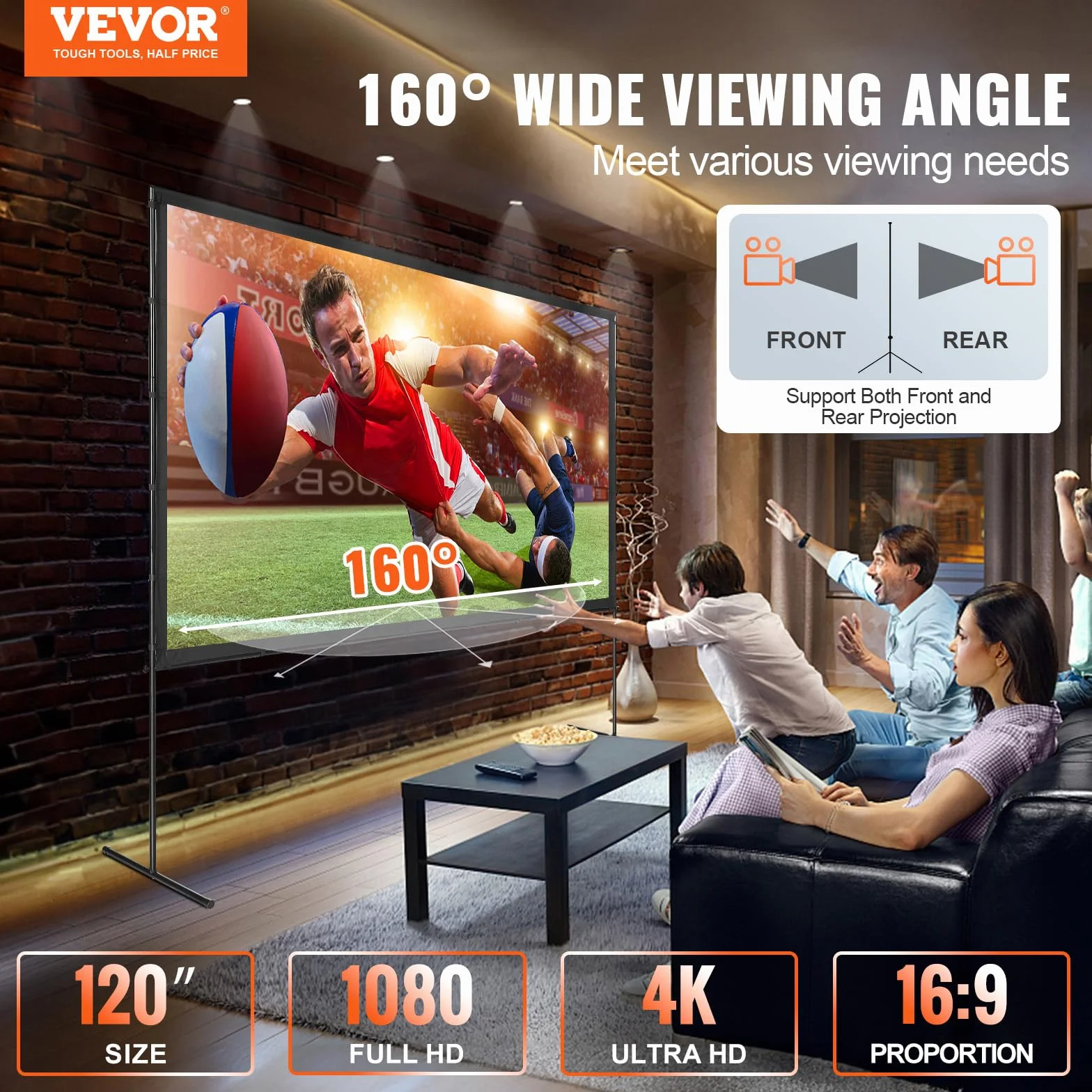 VEVOR Ekran projektora ze stojakiem, 304.8 cm 16:9 4K 1080 HD, zewnętrzny ekran filmowy ze stojakiem, bez zagnieceń, ekran projekcyjny z nóżkami barowymi i torbą do przenoszenia, do kina domowego, na