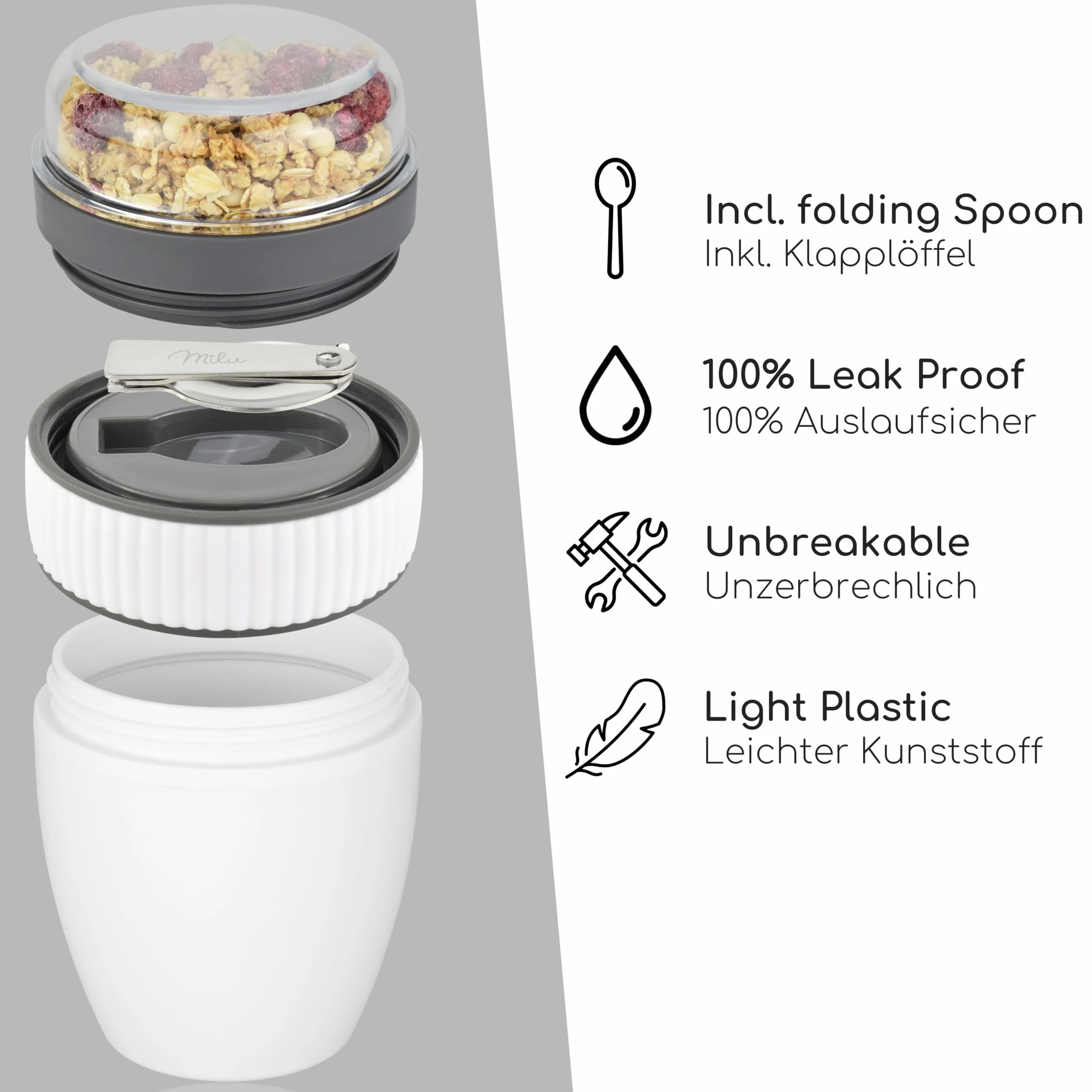 Kubek na musli 400ml MüsliMax Plastikowy z łyżeczką Biały