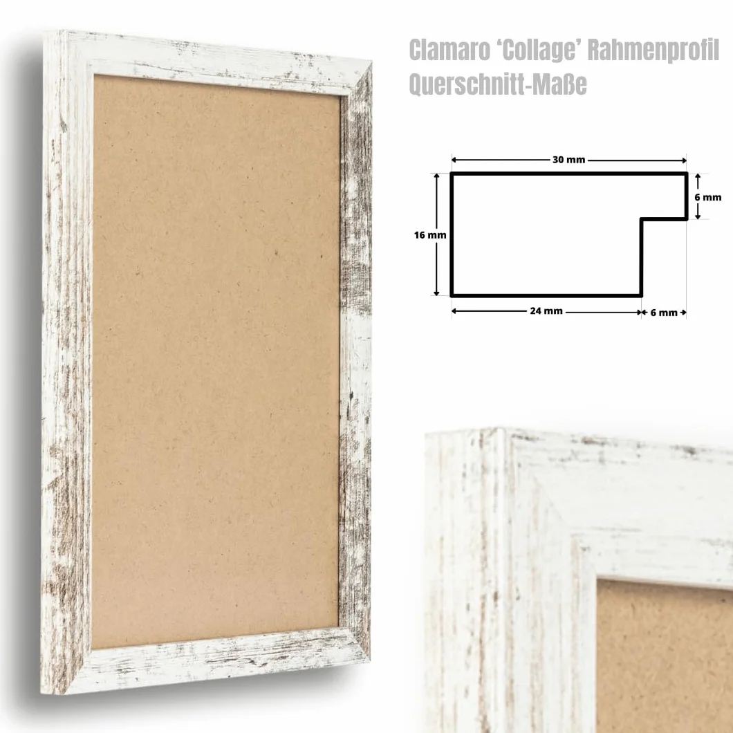 Clamaro 'COLLAGE' rama do obrazu 45x95 wykonana r?cznie na wymiar | Bia?y Vintage | nowoczesna prostok?tna rama do obrazów z p?yty MDF z szybk? ze szk?a akrylowego, ?ciank? tyln? i zawieszk?