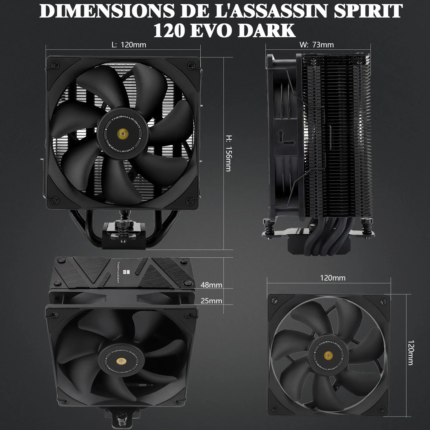 Thermalright Assassin Spirit 120 EVO Chłodzenie procesora, 4 x ciepło cieplne, 12 cm, prędkość 1850 obr./min, chłodzenie procesora, czarny, wentylator PWM, cichy, kompatybilny z AMD, AM4, AM5 i Intel