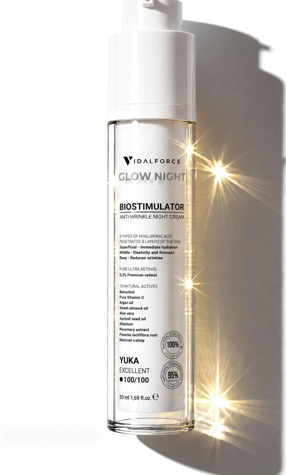 GLOW NIGHT Biostymulujący Przeciwstarzeniowy Krem na Noc, Retinol w kapsułkach z Bakuchiolem i Kwasem Hialuronowym Full-Spectrum I 100/100 Yuka I Krem Przeciwzmarszczkowy dla Kobiet i Mężczyzn. 50 ml