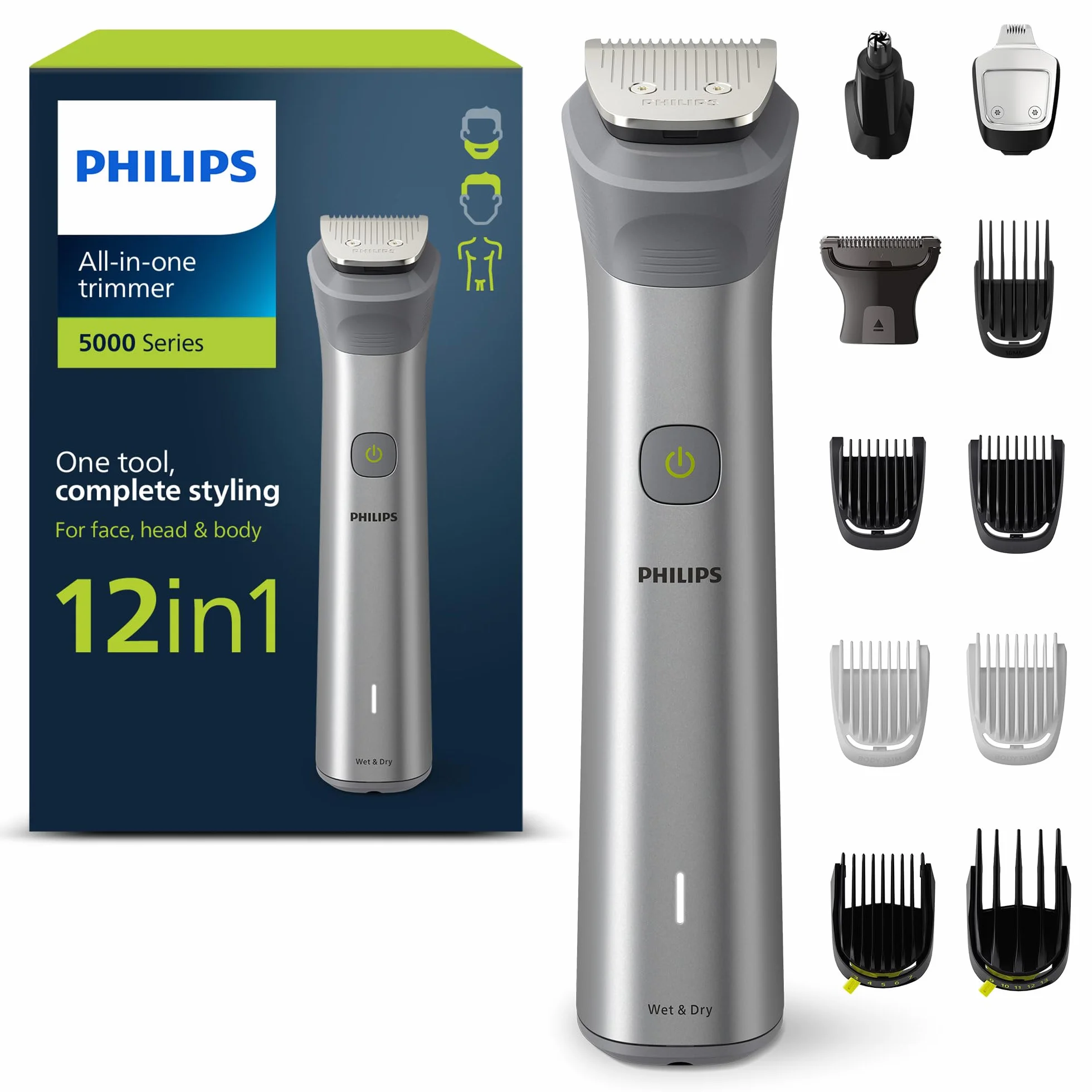 Philips Trymer Wielofunkcyjny z Serii 5000, Multigroom 12 w 1 do Twarzy, Głowy i Ciała, Jedno Narzędzie, Kompletna Stylizacja, 14 Ustawień Długości (0,5–16 mm) (Model MG5950/15)