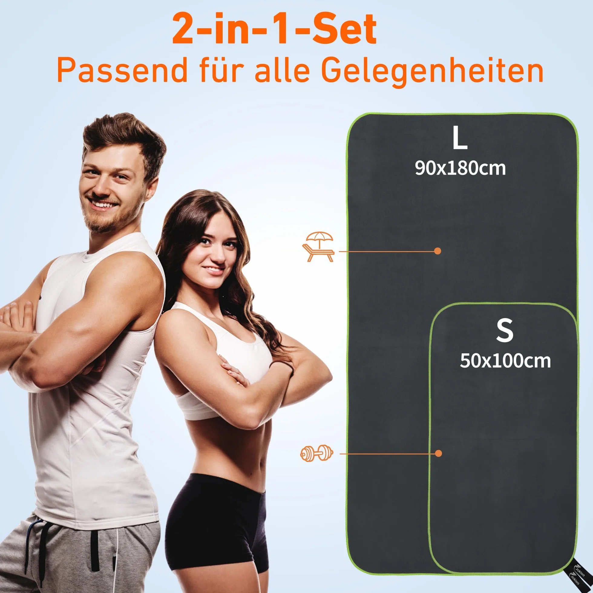 Jokisa Ręczniki sportowe mikrofibra 180 x 90 cm + 100 x 50 cm szybkoschnące zestaw 2