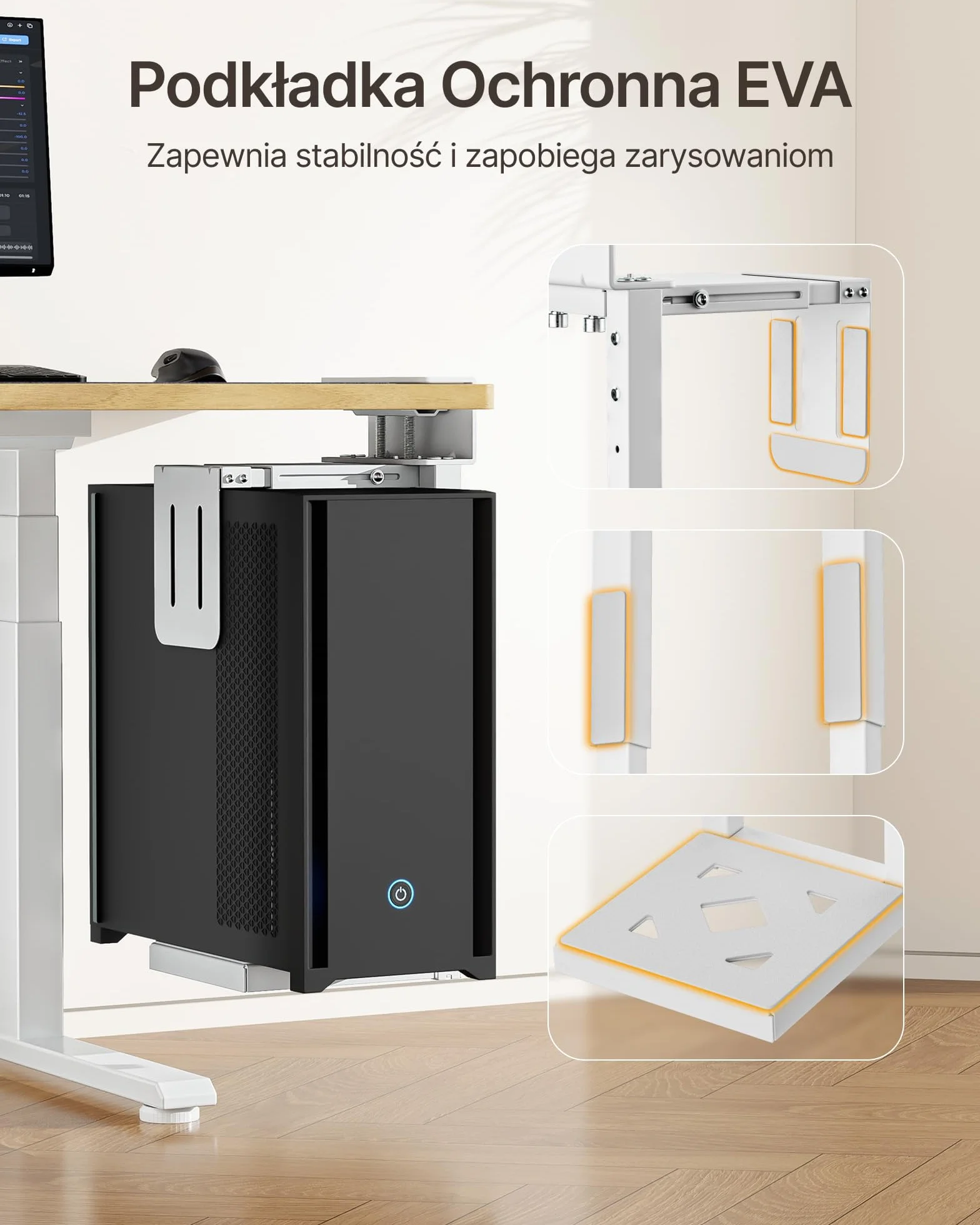 monTEK Heavy-Duty uchwyt do komputera pod biurko, montaż bez wiercenia, regulowany uchwyt na komputer z podkładkami ochronnymi, udźwig do 30 kg, wysokość 16,1-25,6", idealny do biura, domu, klasy