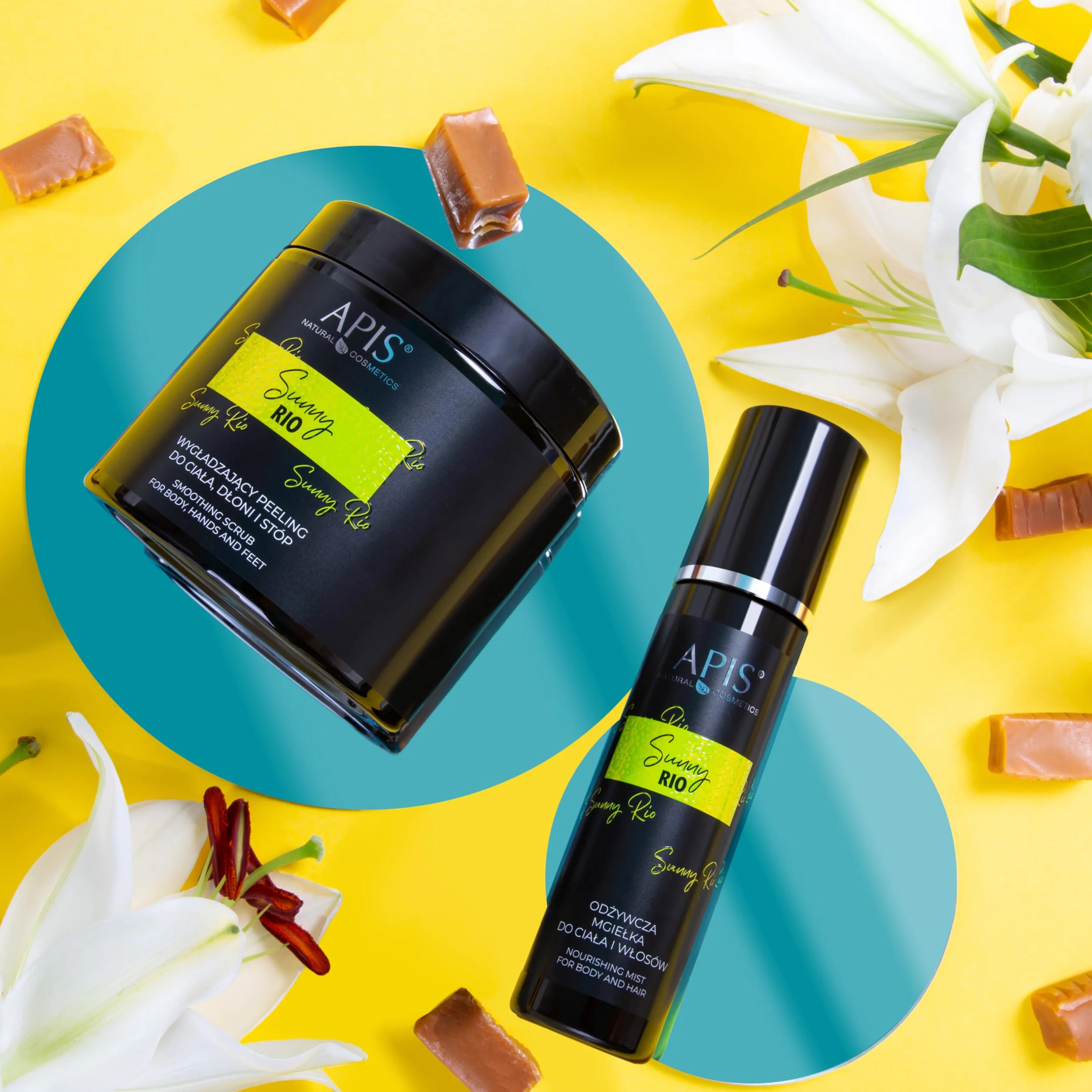 APIS SUNNY RIO spray do ciała i włosów, 150 ml, z jaśminem, migdałem, kokosem, kwasem hialuronowym i D-pantenolem – nawilżenie, pielęgnacja i tropikalny letni zapach
