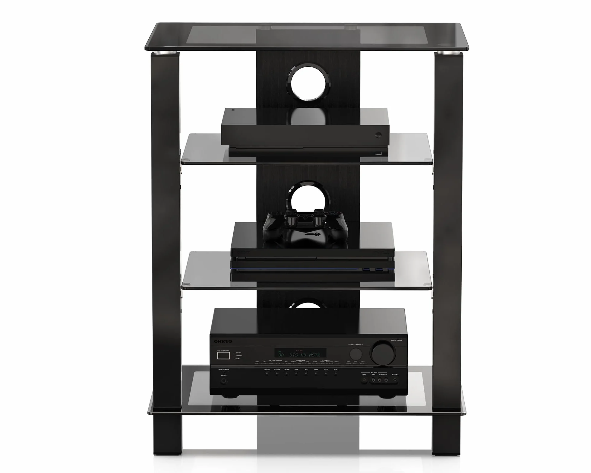 FITUEYES Szklany stojak HIFI, stojak TV, HIFI Rack szafka 4 poziomy z zarządzania kablami, czarny