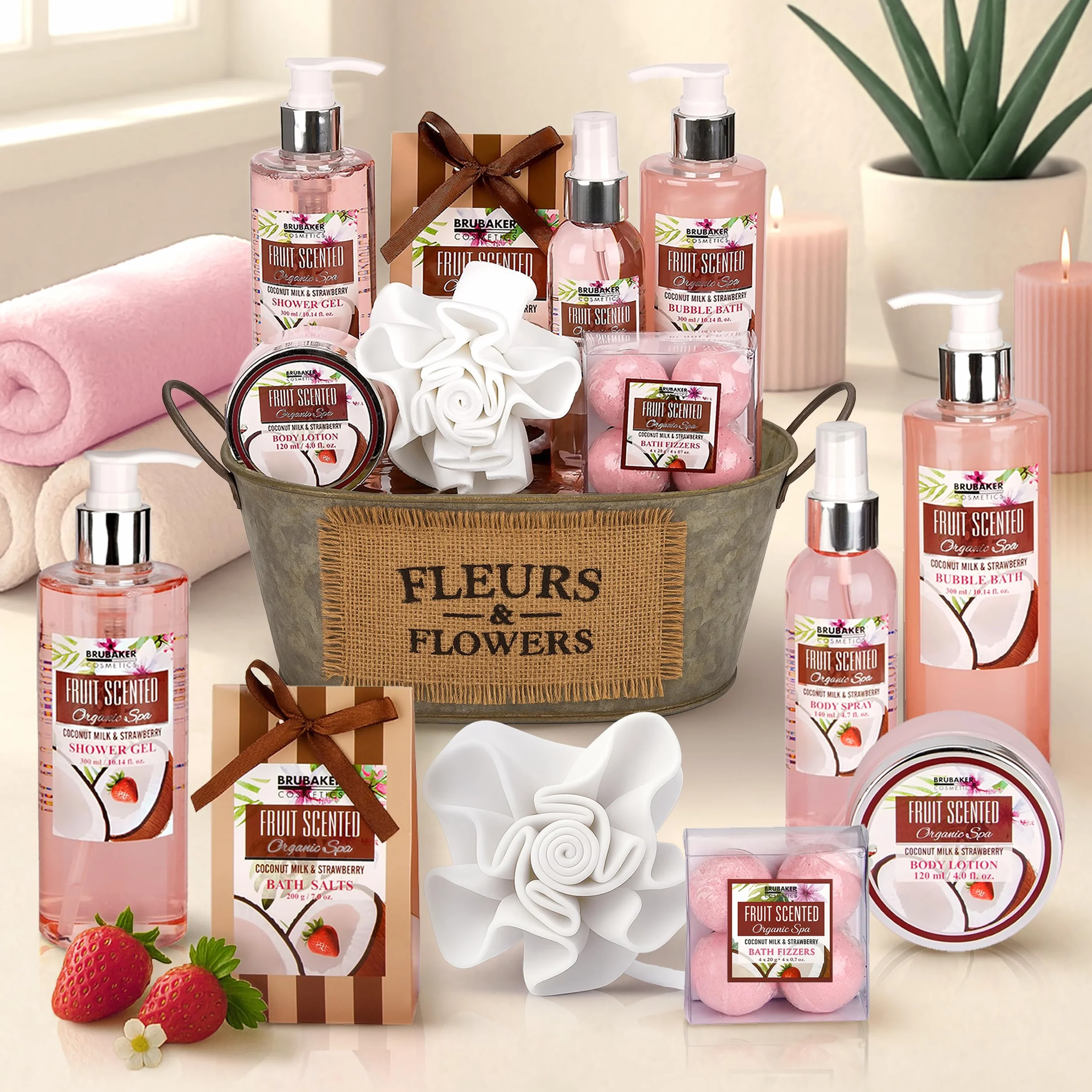 BRUBAKER Cosmetics Bath oraz Shower Set Coconut & Strawberry Scent - 11-Częściowy Zestaw Prezentowy W Wannie Vintage Tub