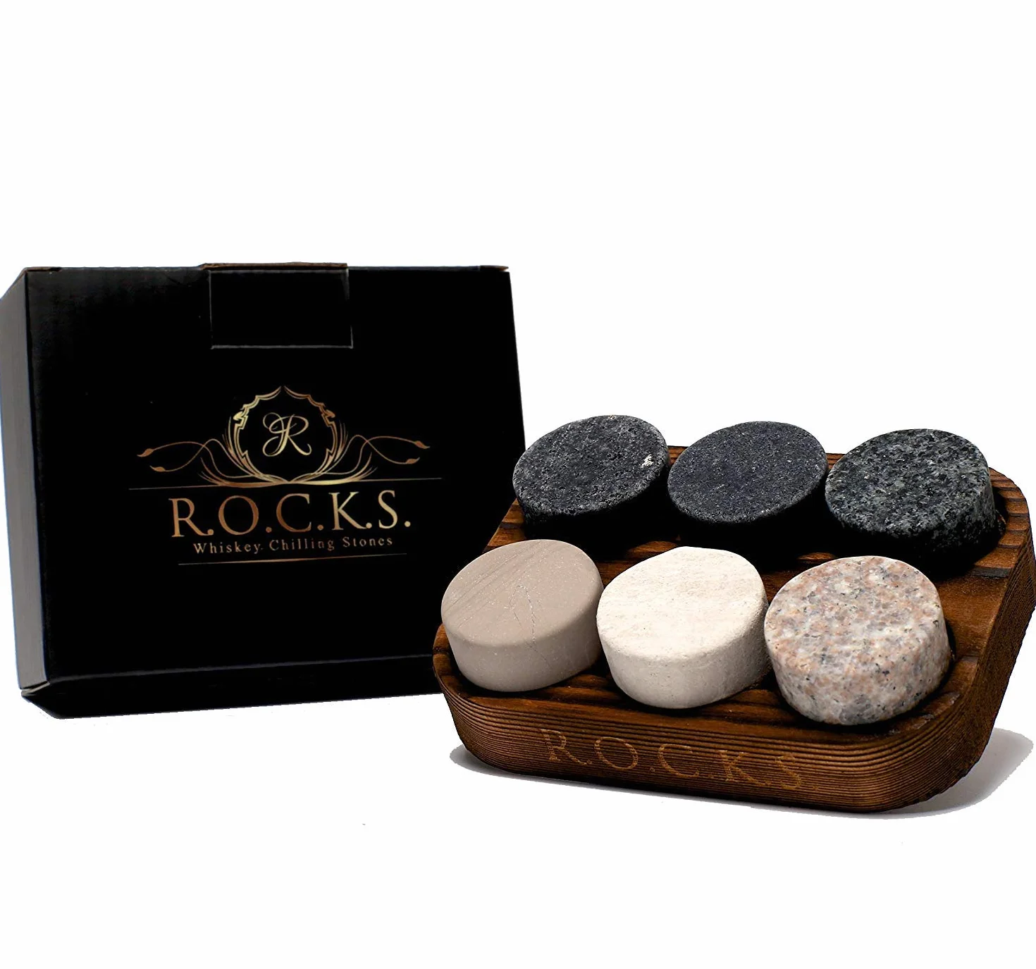 Kamienie do whisky zestaw 6 okrągłych naturalny granit stojak drewno R.O.C.K.S.