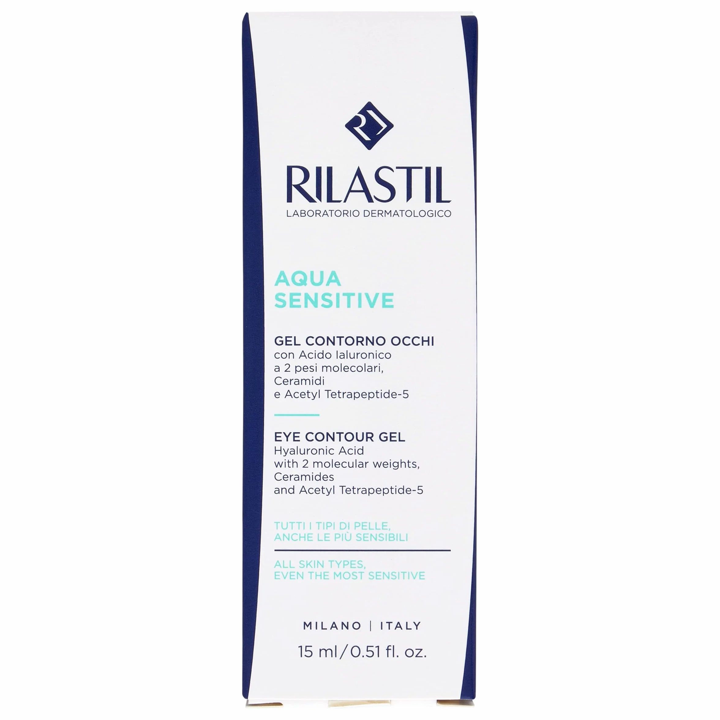 Rilastil Aqua Sensitive żel do konturu oczu, działanie nawilżające, przeciwborowe, przeciwcienie dla wszystkich rodzajów skóry, opakowanie 15 ml