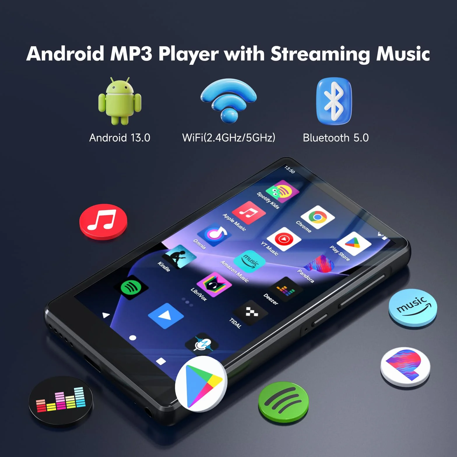 Spotify odtwarzacz MP3 z Bluetooth, ekran dotykowy 4,5 cala, odtwarzacz MP4, WiFi, 2000 mAh, przenośny odtwarzacz stereo HiFi, głośnik Amazon Music, odtwarzacz strumieniowy z systemem Android dla