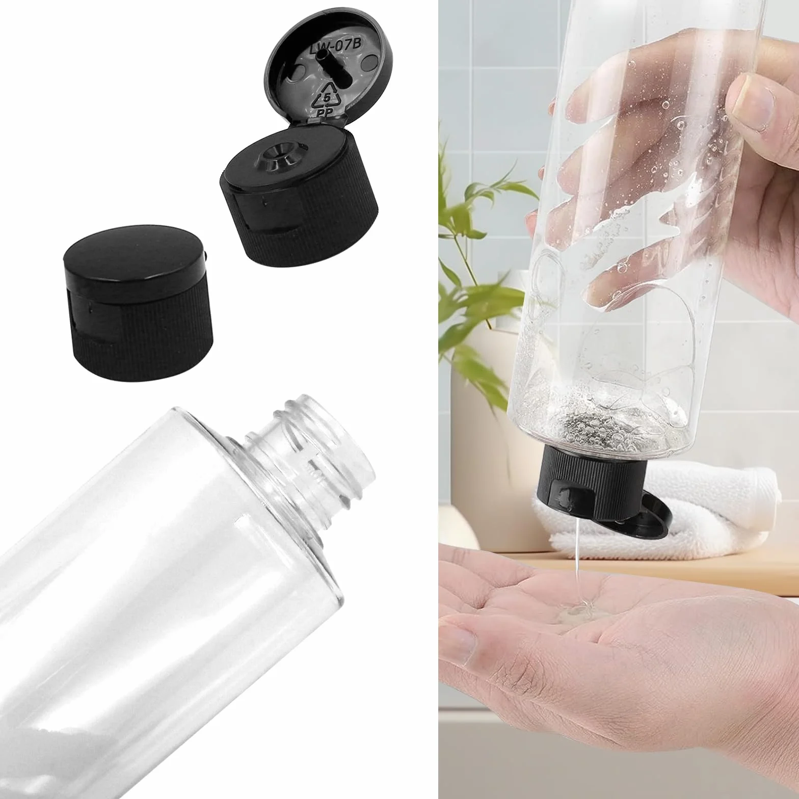 Zestaw butelek podróżnych, 250 ml, z klapką (4 sztuki) pustych dozowników plastikowych butelek, butelki do napełniania kosmetyków z lejkiem (przezroczyste)