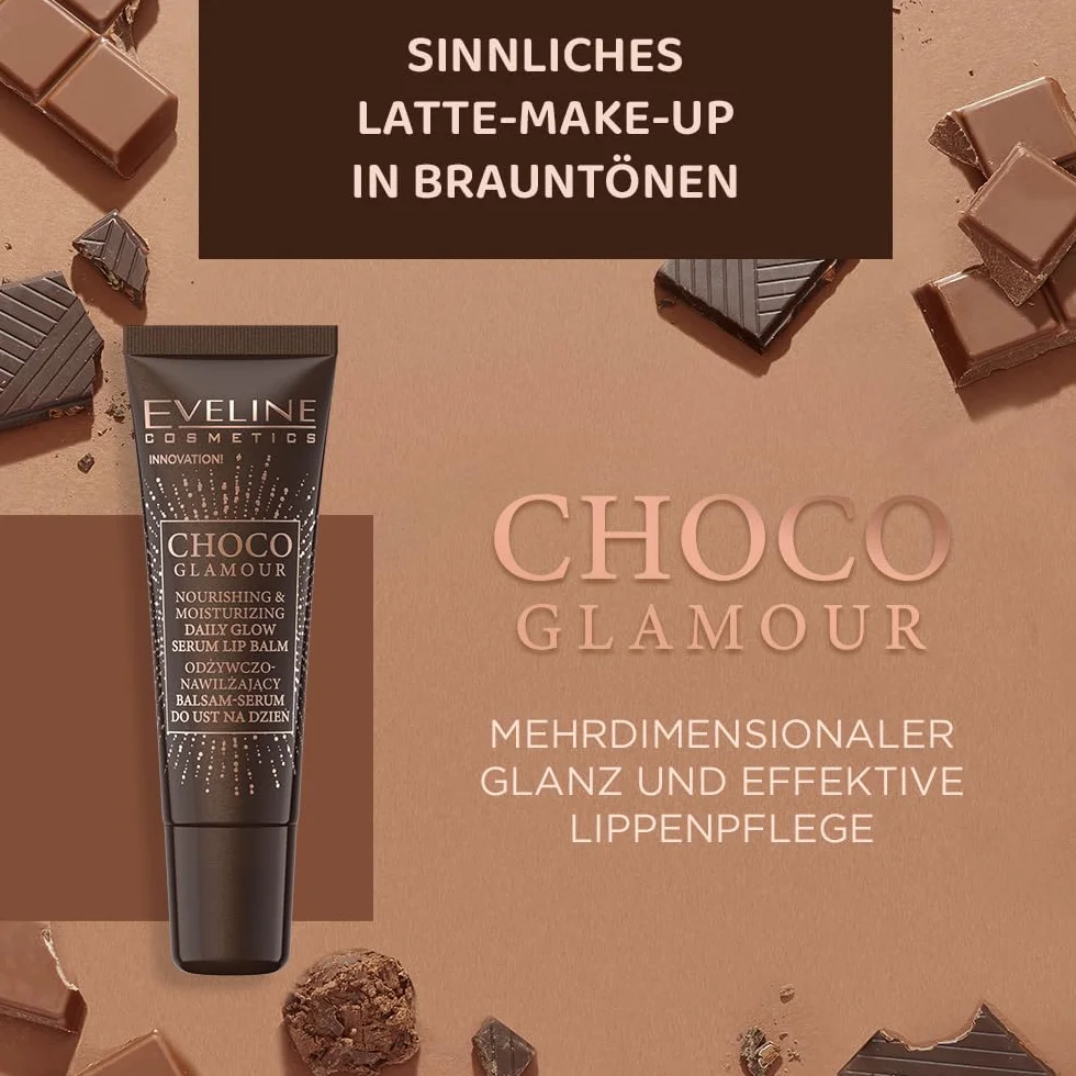 Eveline Cosmetics Choco Glamour głęboko nawilżające serum do ust z masłem shea i skwalanem, wegańskie nawilżenie i pielęgnacja