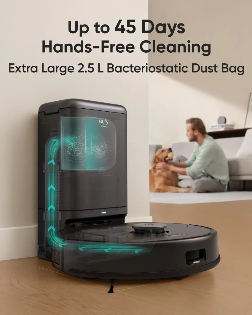 Stacja samooczyszczania eufy Clean X8 Pro Robotic Vacuum, duża moc ssania Twin-Turbine 2 × 4000 Pa, szczotka Active Detangling Roller Brush i Nawigacja laserowa iPath