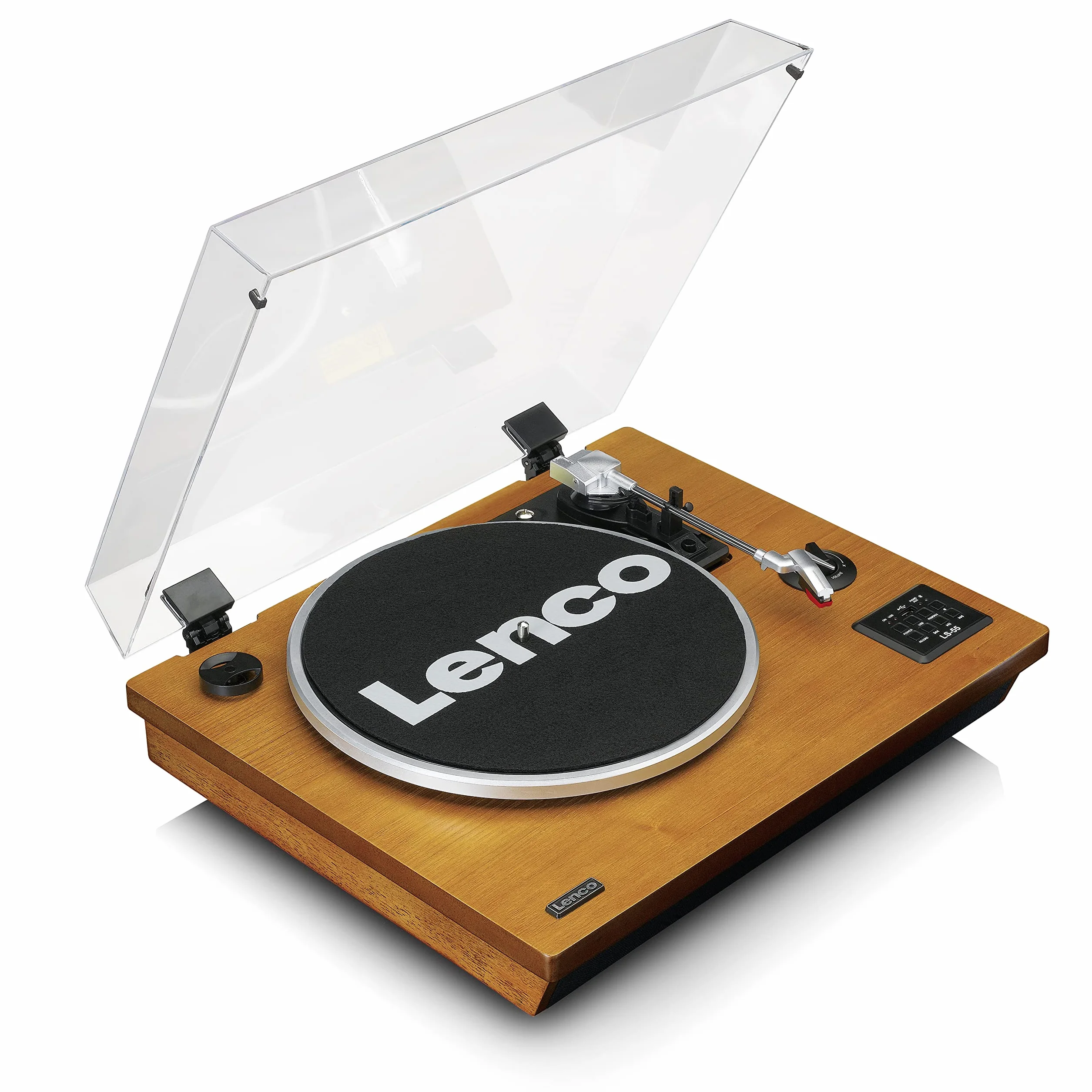 Gramofon Lenco LS-55 ze zintegrowanymi głośnikami - Odbiór Bluetooth - Bezpośrednie kodowanie MP3 na nośnik pamięci - 2 x 5 W RMS - Wejście USB - AUX - Brązowy