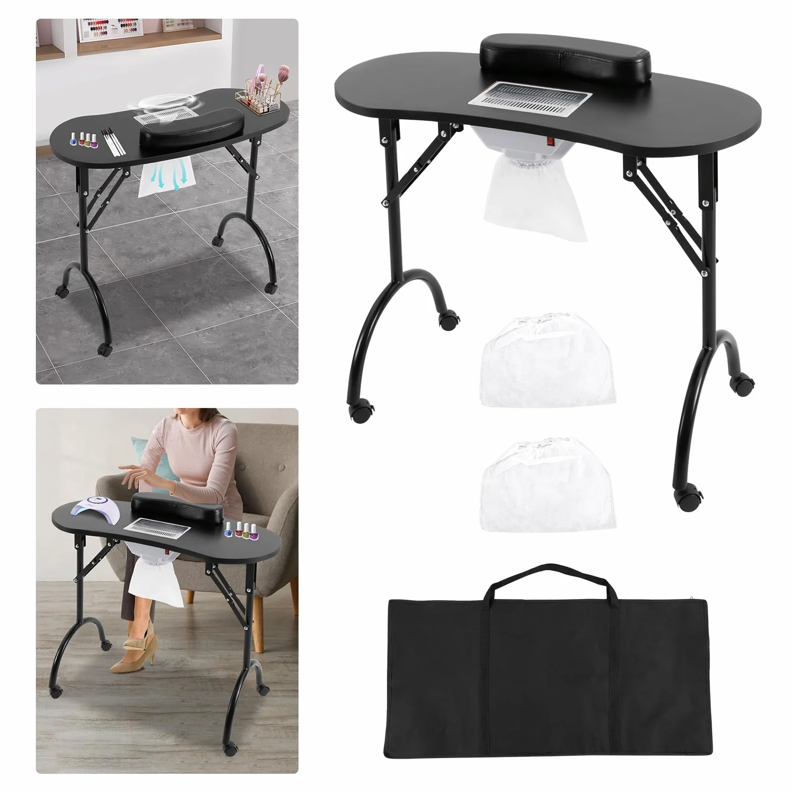 Stół do manicure z przyssawką, składany stolik do manicure z 3 workami do odkurzacza i wodoszczelną torbą do przenoszenia, nośność 30 kg, przenośny stolik do manicure (czarny)