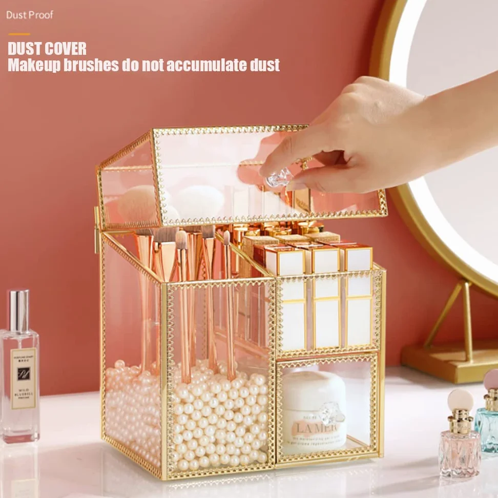 YUEHUA Wielofunkcyjny uchwyt na pędzle do makijażu, w stylu vintage, przezroczyste szkło, organizer na pędzle do przechowywania perfum, lakieru do paznokci, szminek, kremu do twarzy, pędzli do