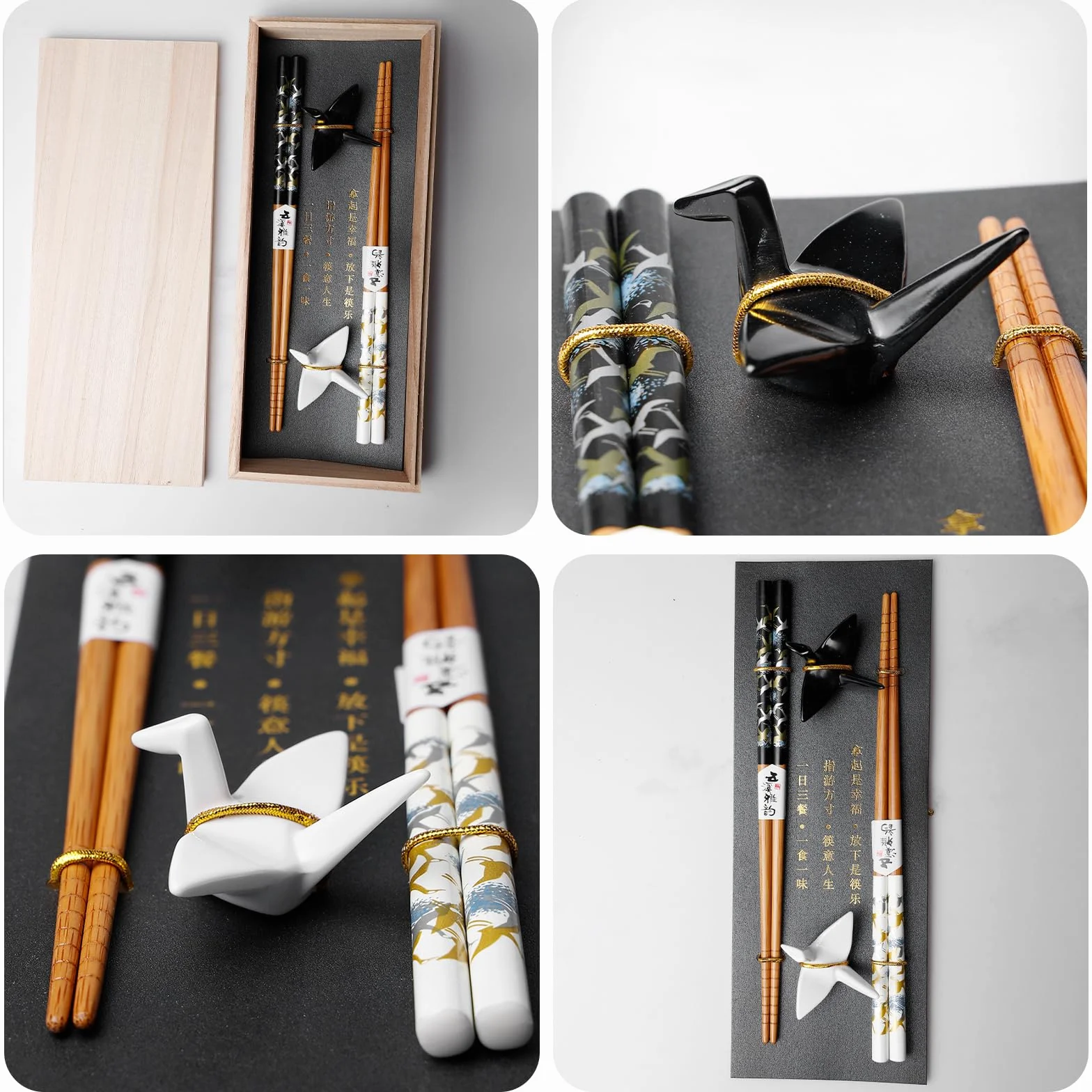 BAIFULAI Zestaw 2 par drewnianych pałeczek do sushi z ceramicznym uchwytem na papier żurawia