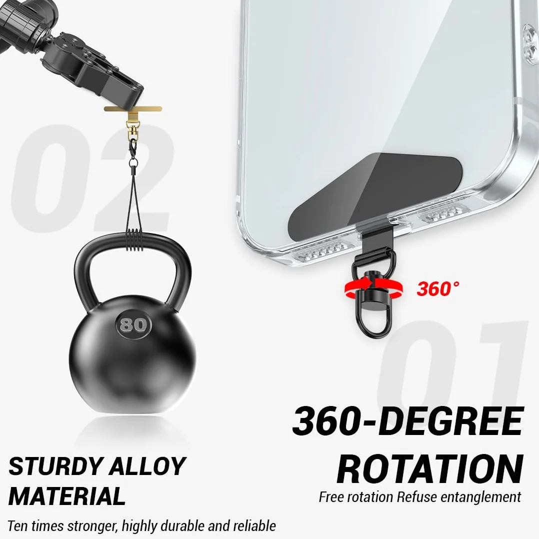 4 naszywki na sznurowadła do telefonu, ultracienkie podkładki do smartfonów ze stali nierdzewnej z metalowym pierścieniem, obracane o 360°, kompatybilne z większością pokrowców na telefon