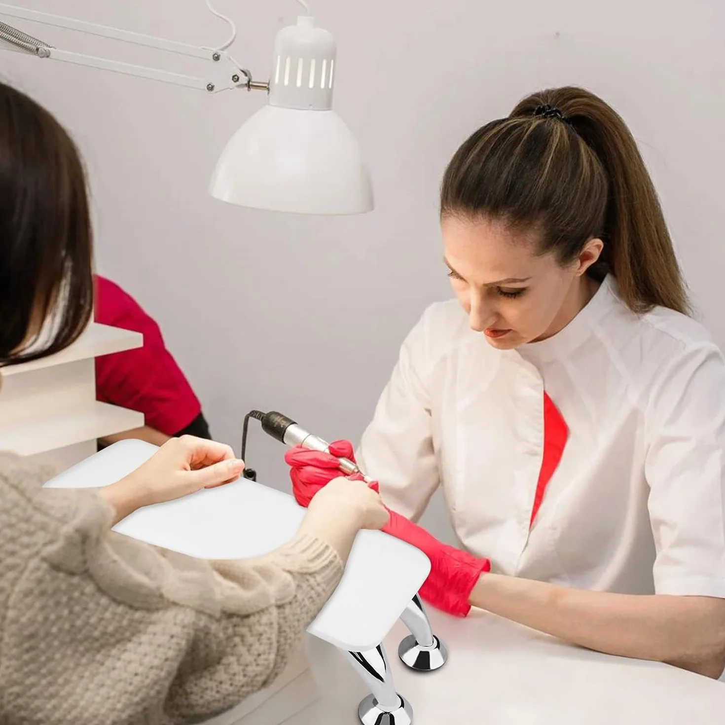 LIONVISON Podpórka pod paznokcie pod nadgarstek, antypoślizgowa podpórka pod nadgarstek, z mikrofibry, ze skóry PU, z uchwytem, do salonu manicure, kolor biały