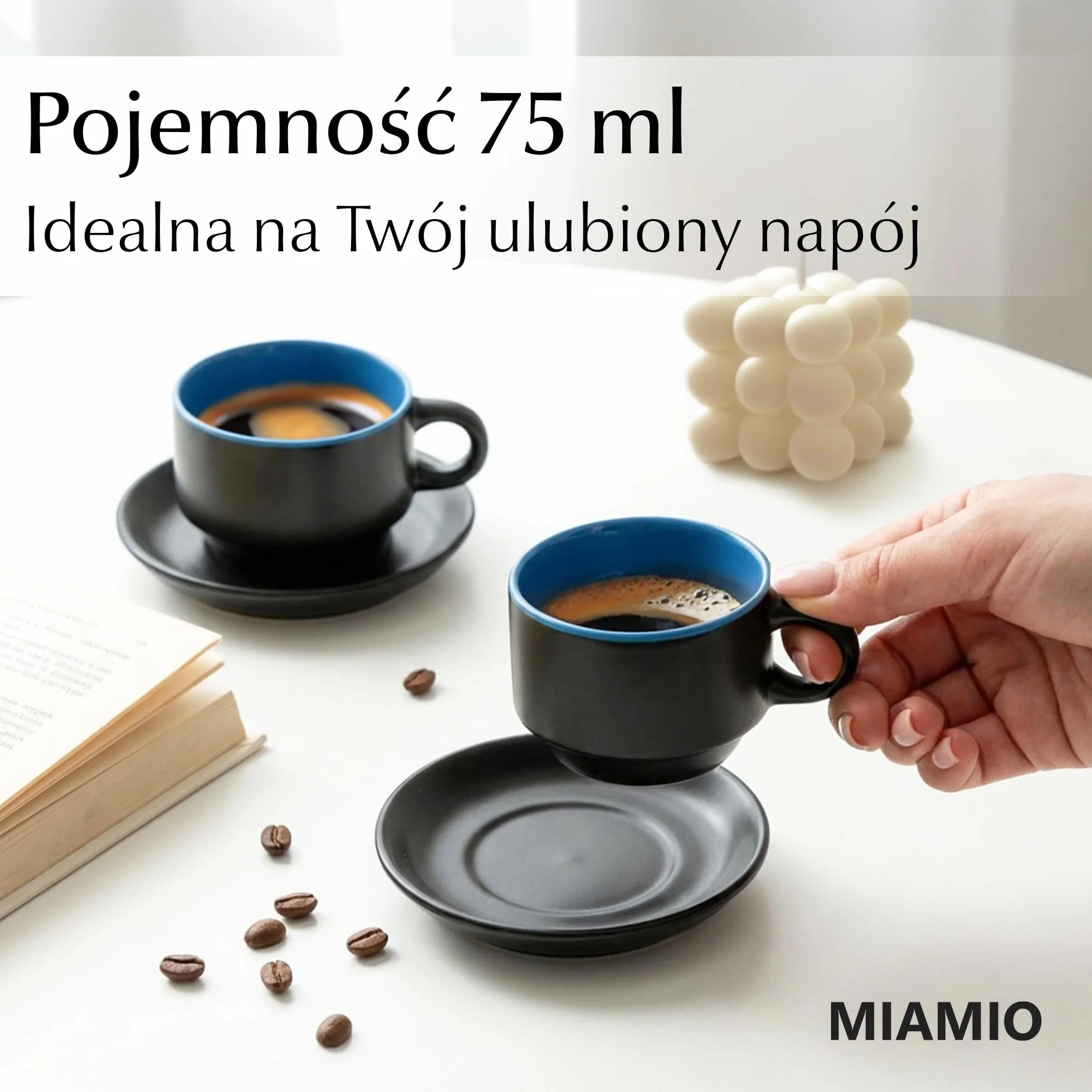 MIAMIO Zestaw kubków espresso 6x75 ml kamionka czarne zewnątrz kolorowe wewnątrz Le Papillon Niebieski