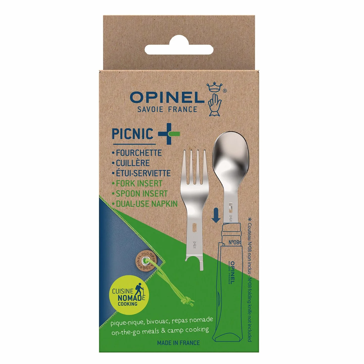 Opinel PICNIC PLUS 3-częściowy zestaw do noża nr 08, widelec i łyżka 10,5 cm