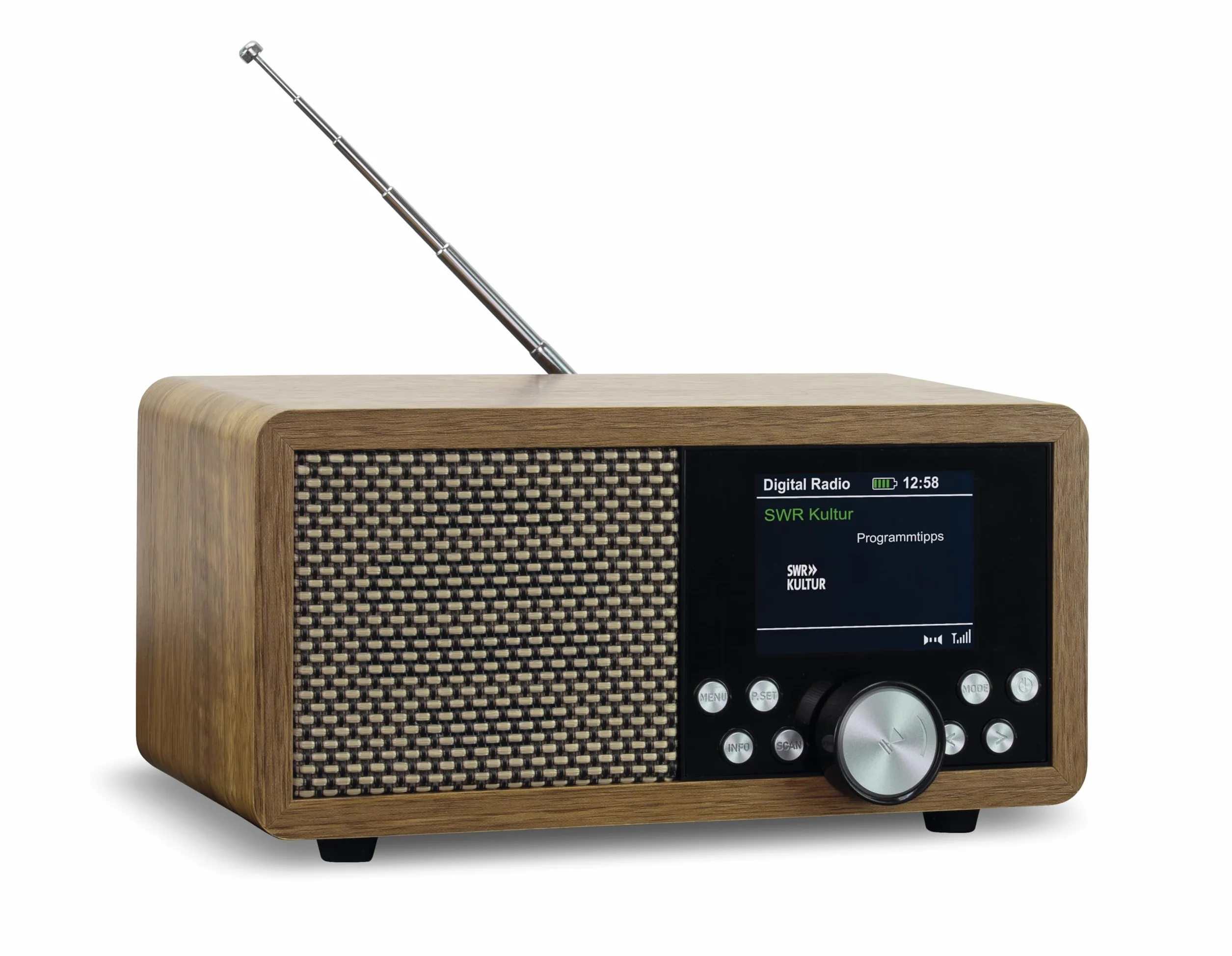 Przenośne radio Dab+ Dynavox DBT600, wbudowane radio FM, do kuchni, łazienki, biura, funkcja budzika, ekran TFT, zasilacz sieciowy, gniazdo USB i karta SD, wykończenie o wyglądzie drewna