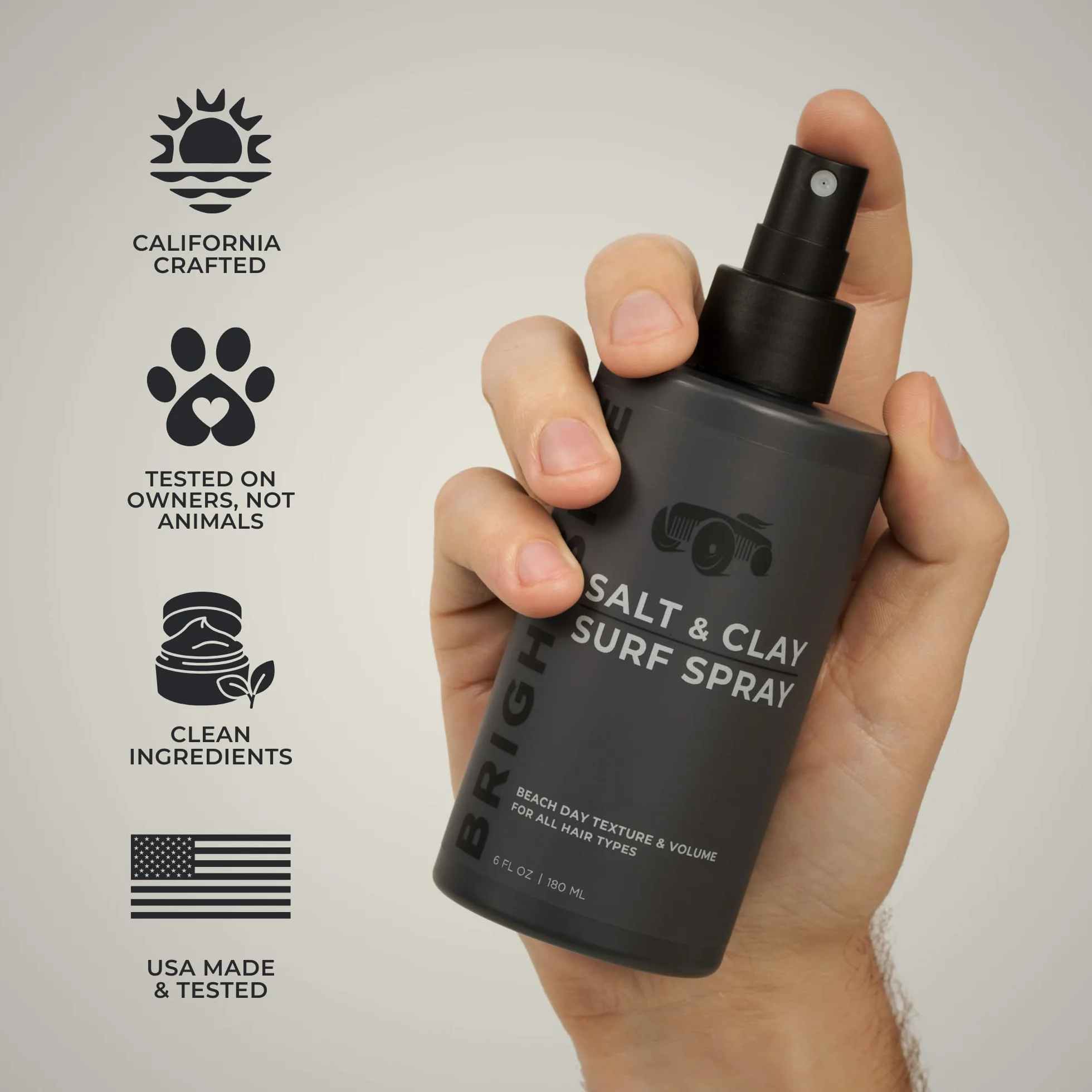 BRIGHTSIDE Salt & Clay Surf spray do teksturowania i objętości, sól i glina krzemionkowa, mieszanka oczaru wirginijskiego i zielonej herbaty, do wszystkich rodzajów włosów, 90 ml