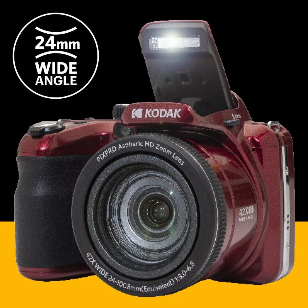 KODAK Pixpro Astro Zoom AZ425 mostek do aparatu cyfrowego, 42 x zoom optyczny, szeroki kąt 24 mm, 20 megapikseli, LCD 3, Full HD 1080p, akumulator litowo-jonowy, czerwony