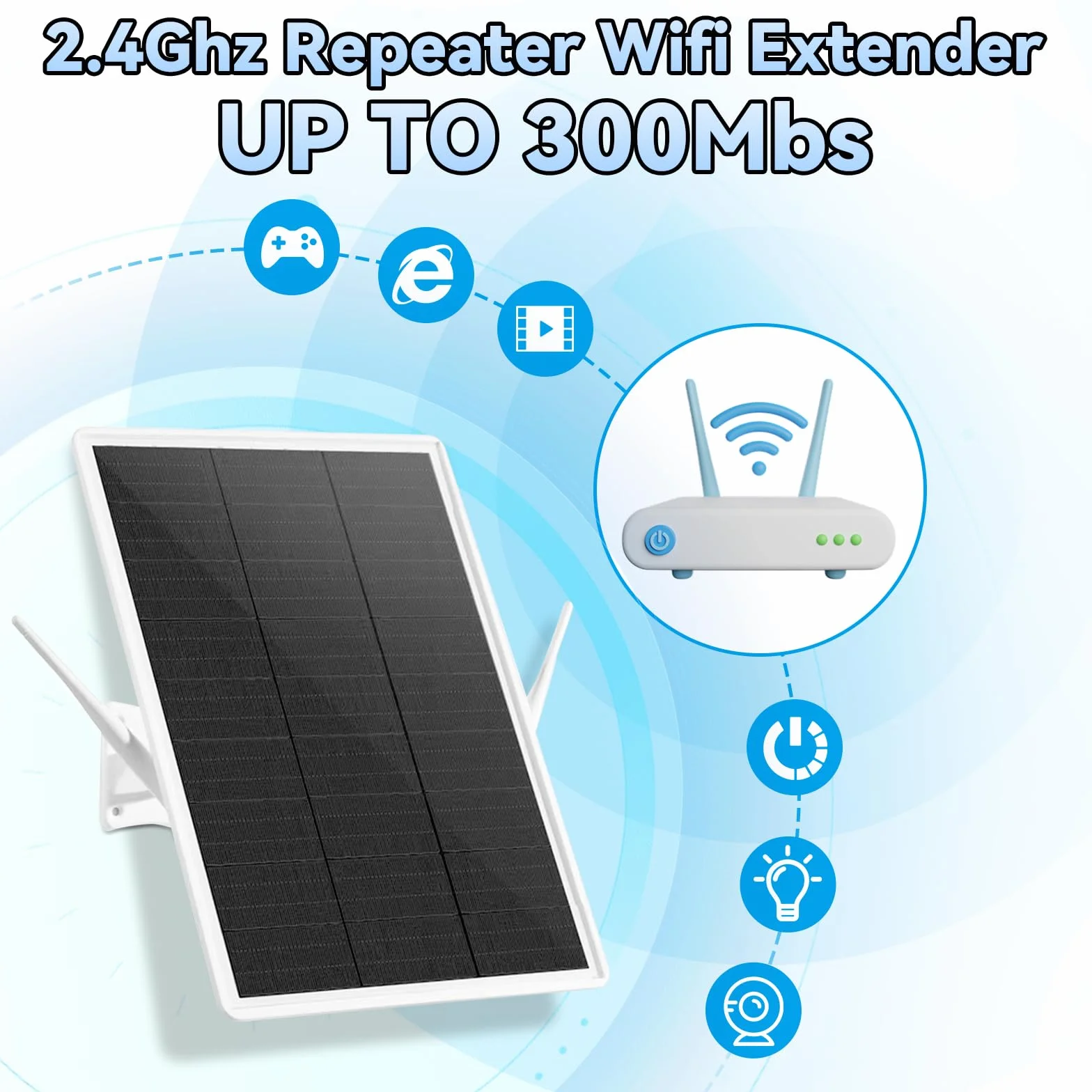 Wzmacniacz Wi-Fi Repeater zewnętrzny akumulator solarny, Wi-Fi Booster WiFi Range Extender zasięg do 100 m, wzmacniacz Wi-Fi 2,4 GHz z 300 Mbit/s, punkt dostępu Wi-Fi, kompatybilny z urządzeniami 2,4