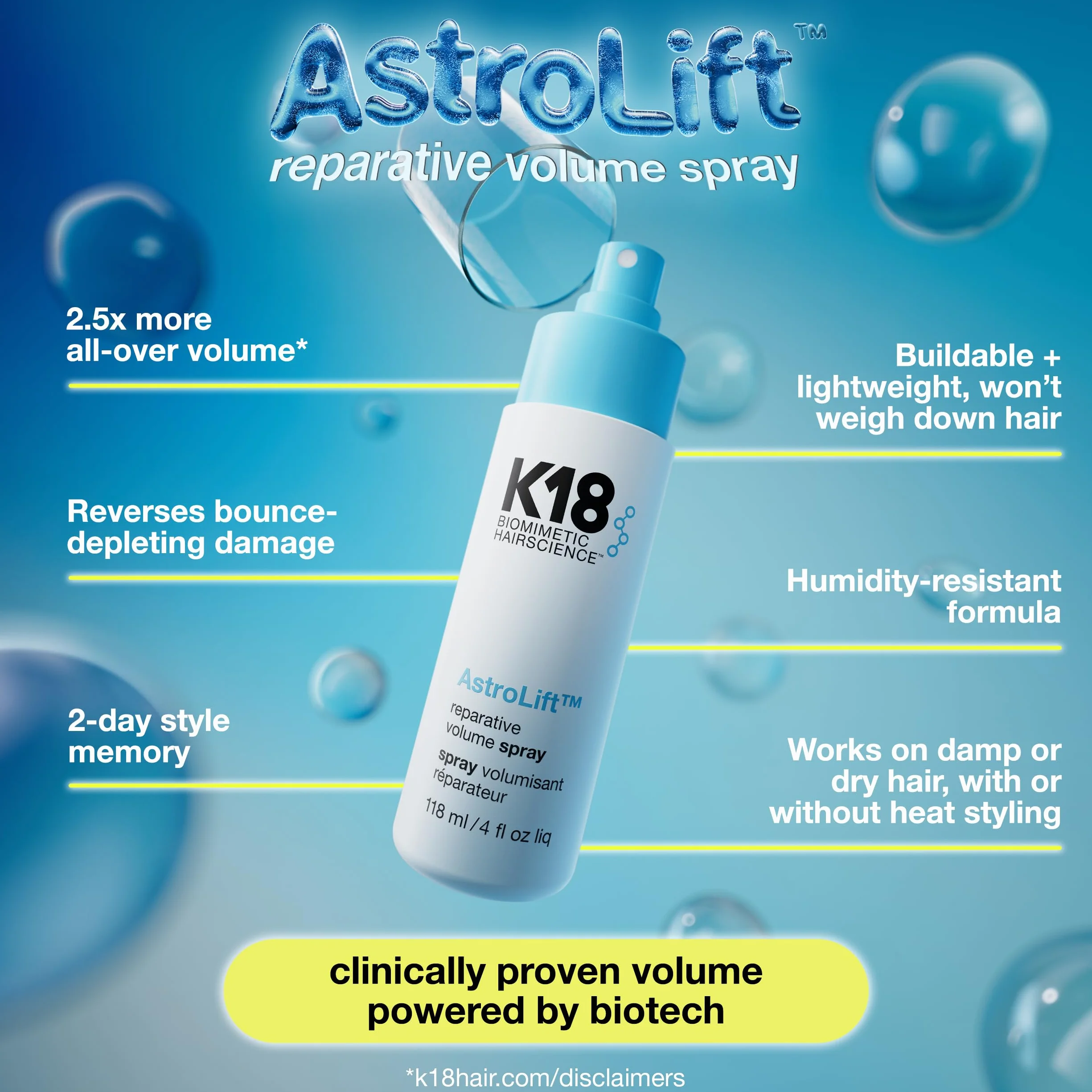 K18 AstroLift reparative Volume spray do włosów, zagęszczający spray do włosów, utrzymuje się przez 2 dni, nie klei się, odporny na wilgoć, 118 ml