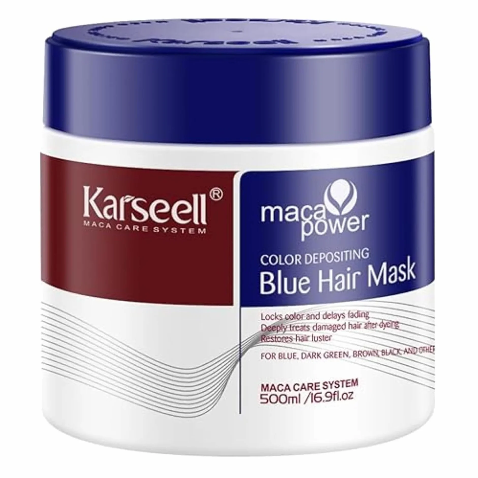 Karseell MACA CARE SYSTEM Maska do włosów z niebieskim pigmentem Tonacja Odświeżanie koloru Wzmocnione chłodne odcienie niebieskich barw Hydratuje Naprawia Przeciwko puszeniu się Dla suchych